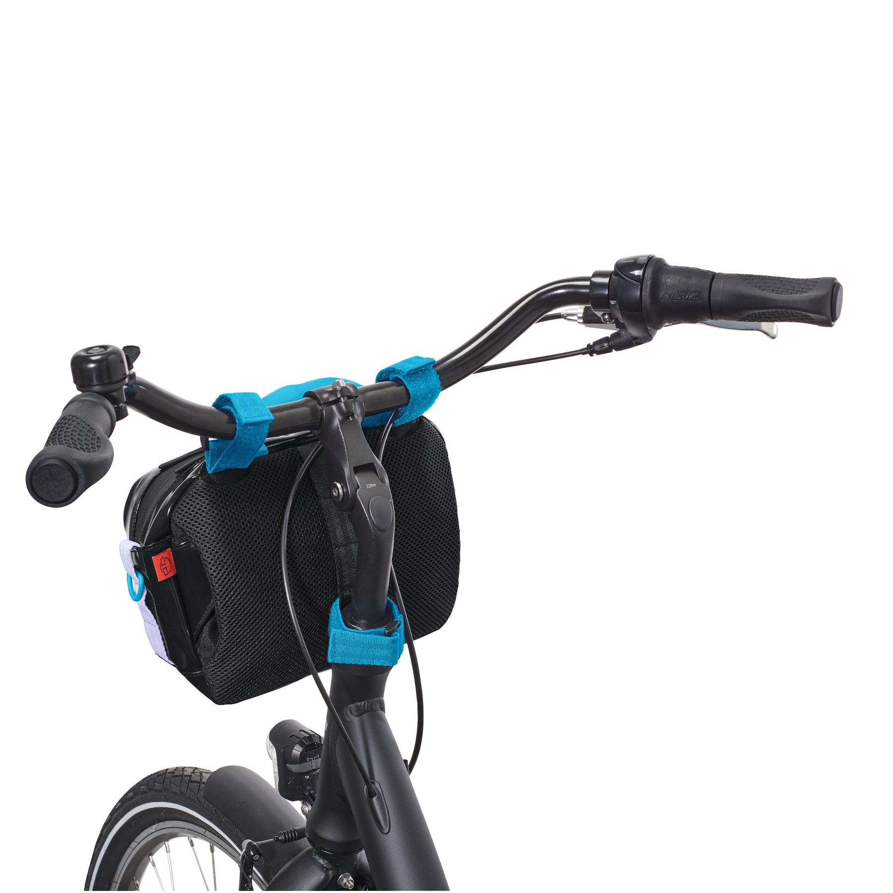 Schwarze Fahrrad-Lenkertasche 'Nelson' mit blauen Klettverschlüssen am schwarzen Lenker befestigt
