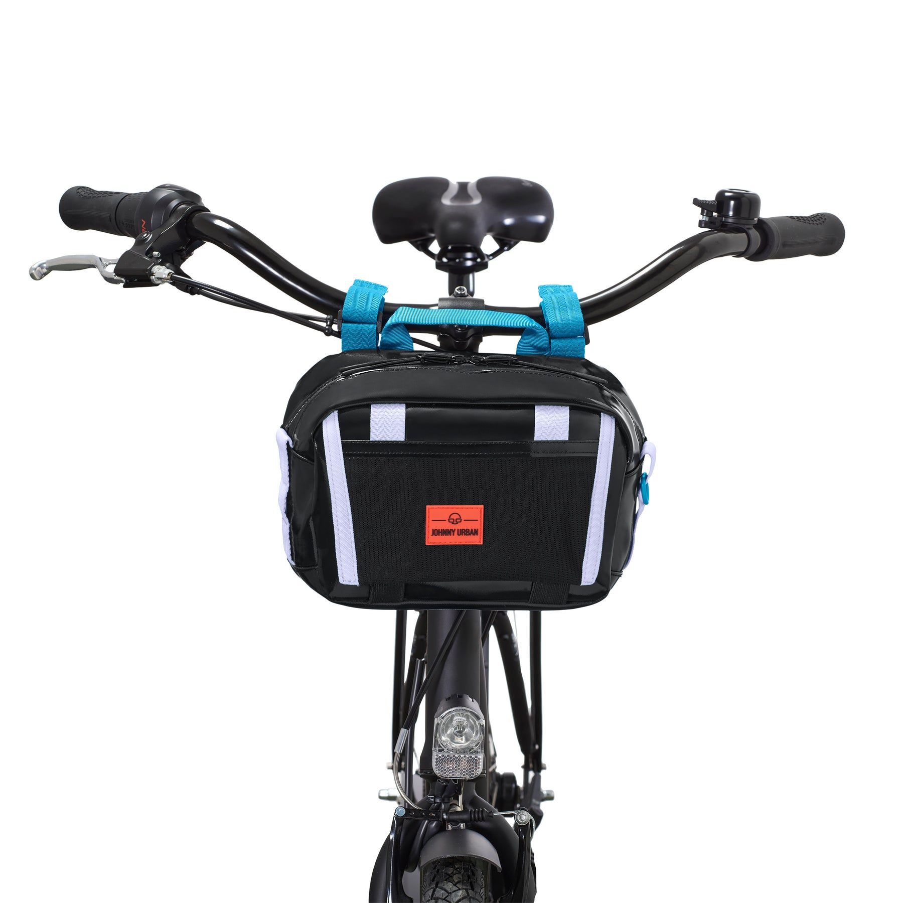 Lenkertasche Fahrrad 'Nelson' in Schwarz mit fliederfarbenen Befestigungsgurten an schwarzem Fahrradlenker befestigt