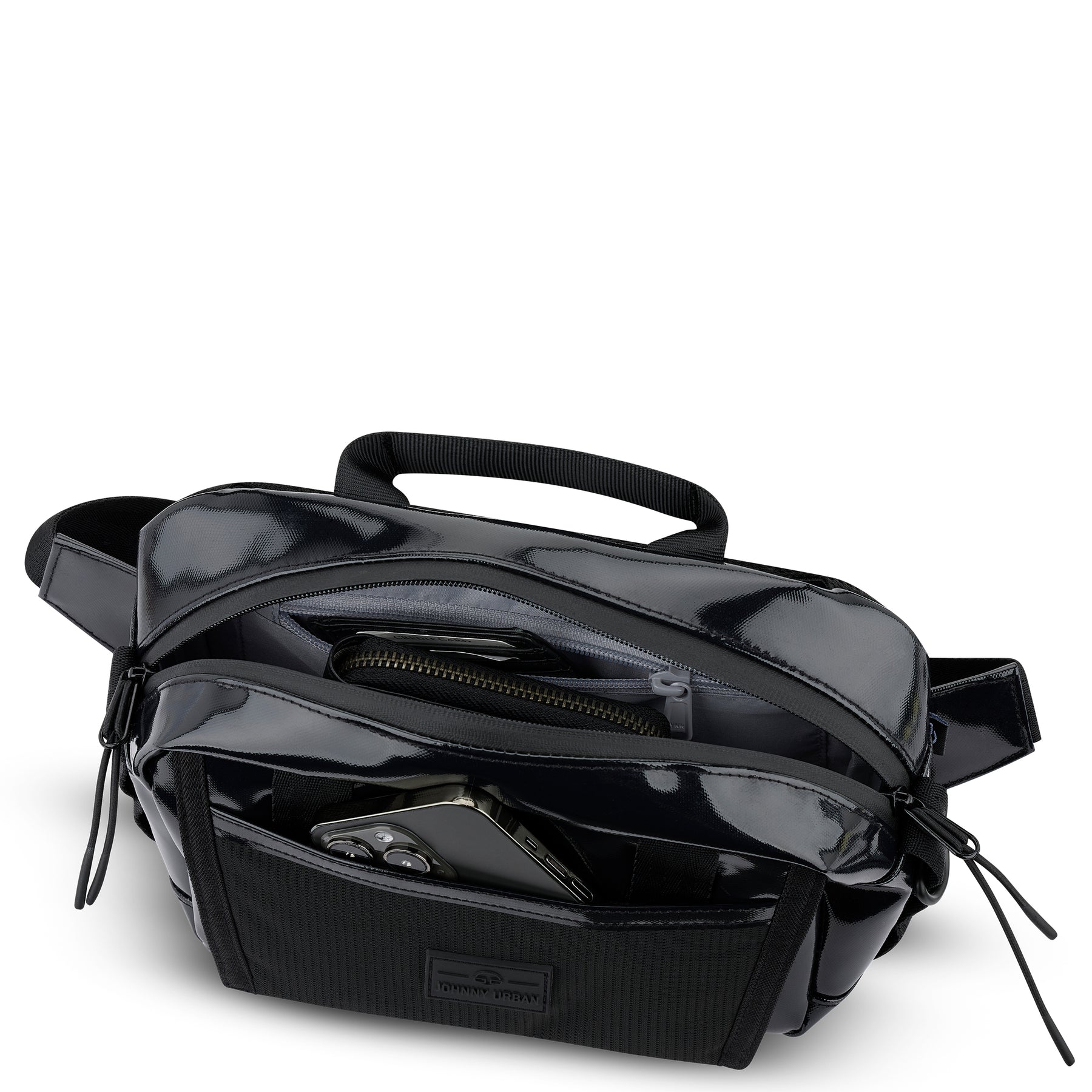 Schwarze Johnny Urban Lenkertasche 'Nelson' mit Reißverschlussfach und Fronttasche, Smartphone sichtbar
