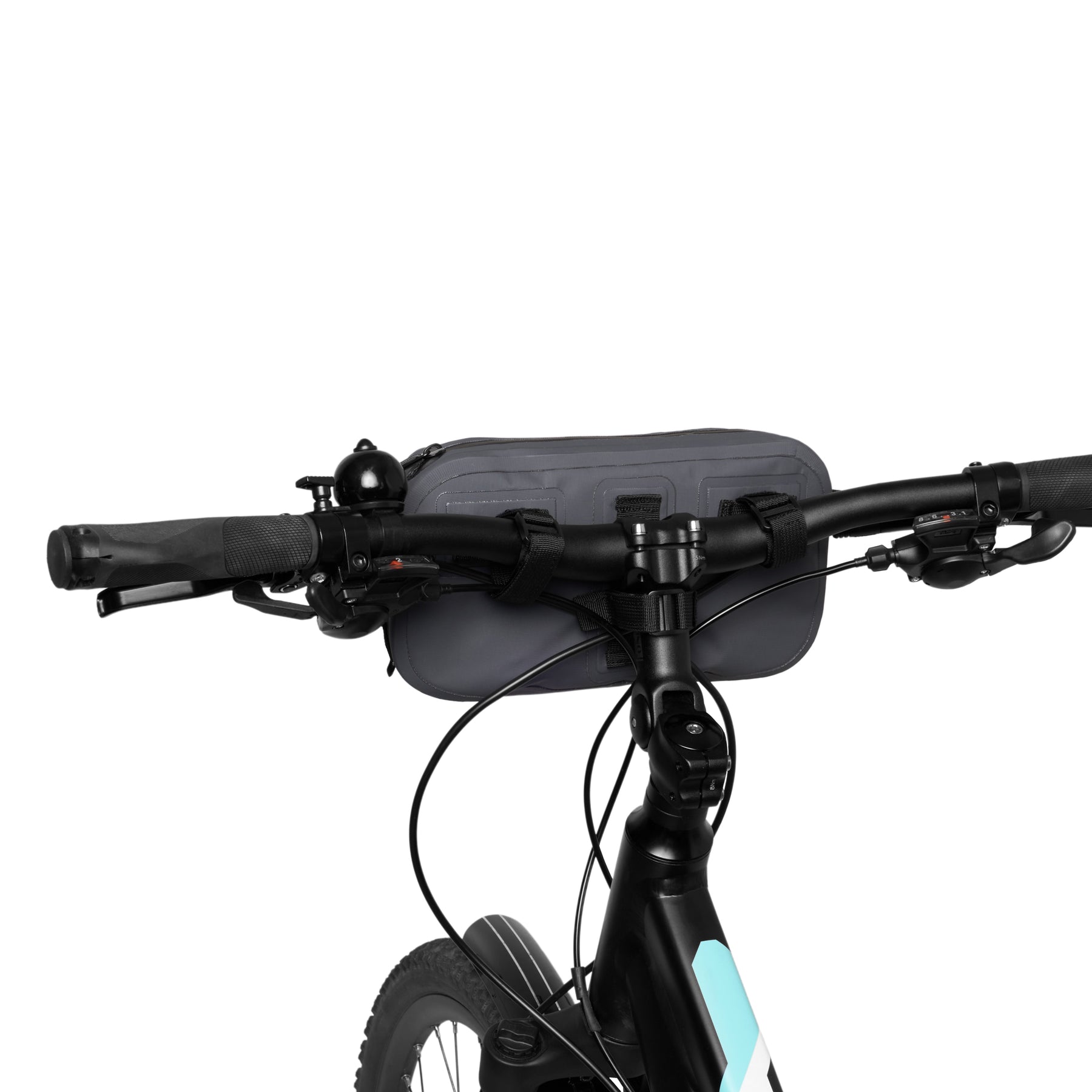 Graue Lenkertasche 'Arlo' am schwarzen Fahrradlenker befestigt mit drei schwarzen Klettverschlüssen