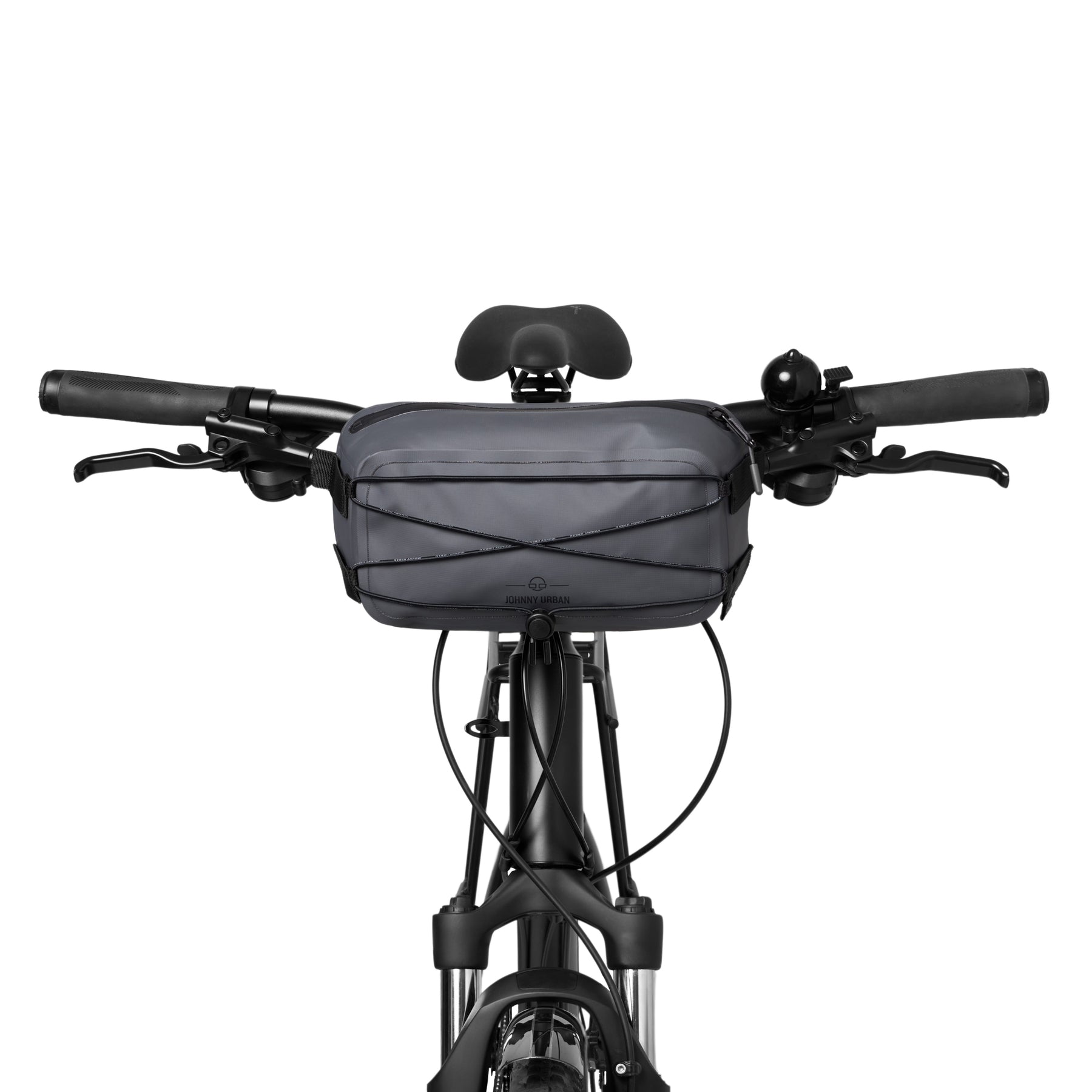 Wasserdichte graue Lenkertasche 'Arlo' von Johnny Urban am Fahrrad befestigt