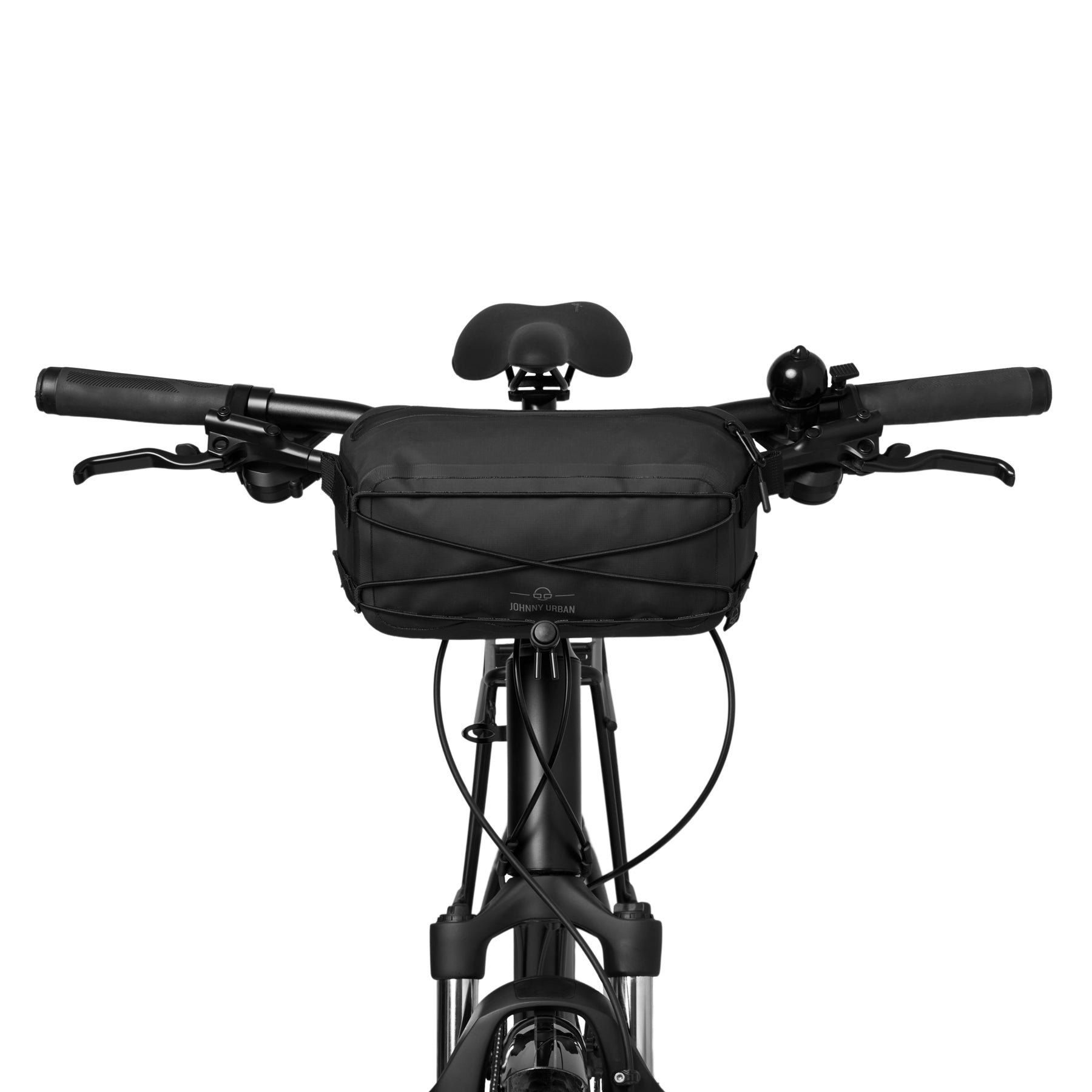 Wasserdichte schwarze Lenkertasche 'Arlo' von Johnny Urban am Fahrradlenker befestigt