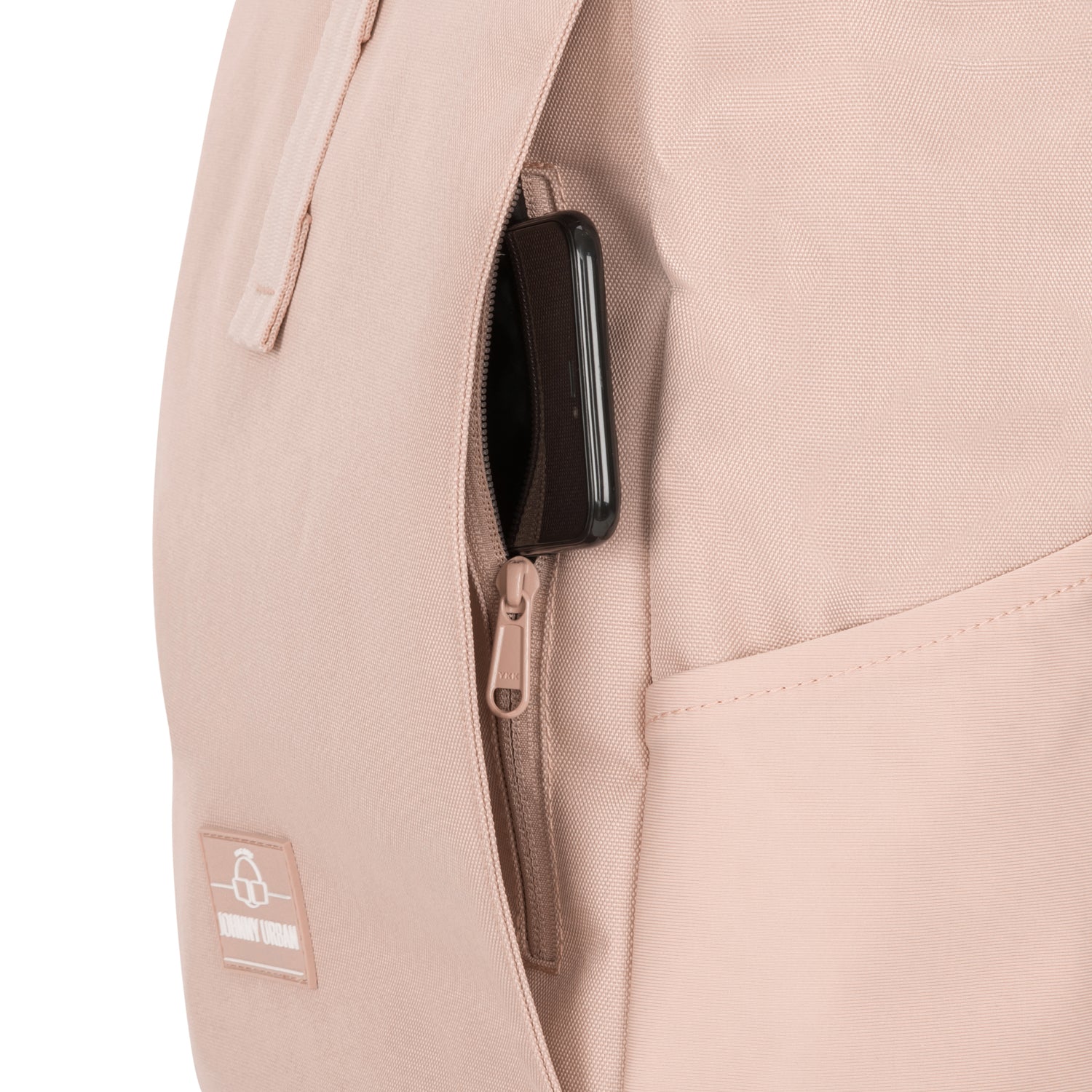 Rolltop Rucksack Allen Medium in Rosa mit seitlicher Reißverschlusstasche, Smartphone halb sichtbar