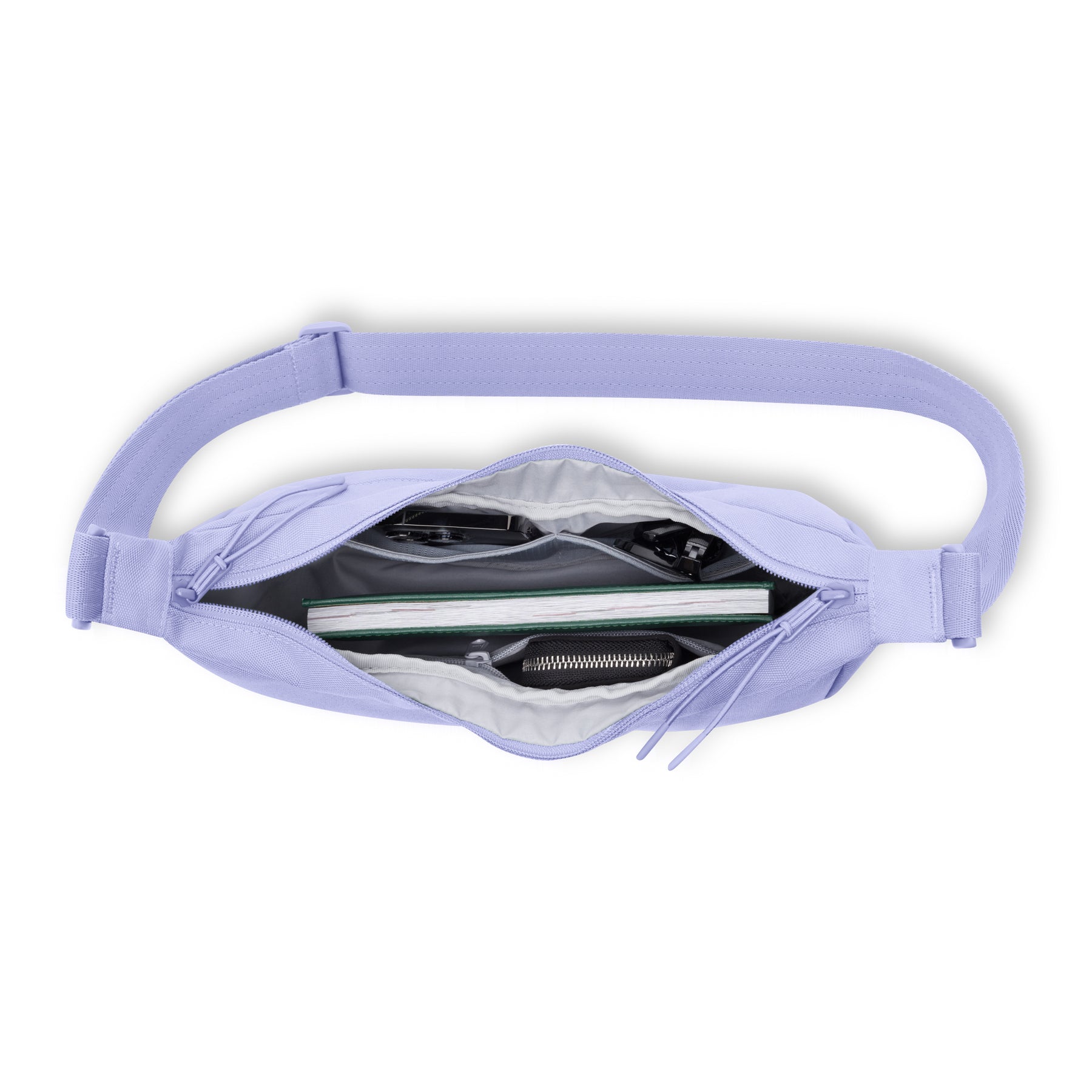 Halbmondtasche 'Ally Medium' in Lila mit Reißverschluss geöffnet, zeigt Innenfächer mit Geldbörse, Notizbuch und Schlüssel