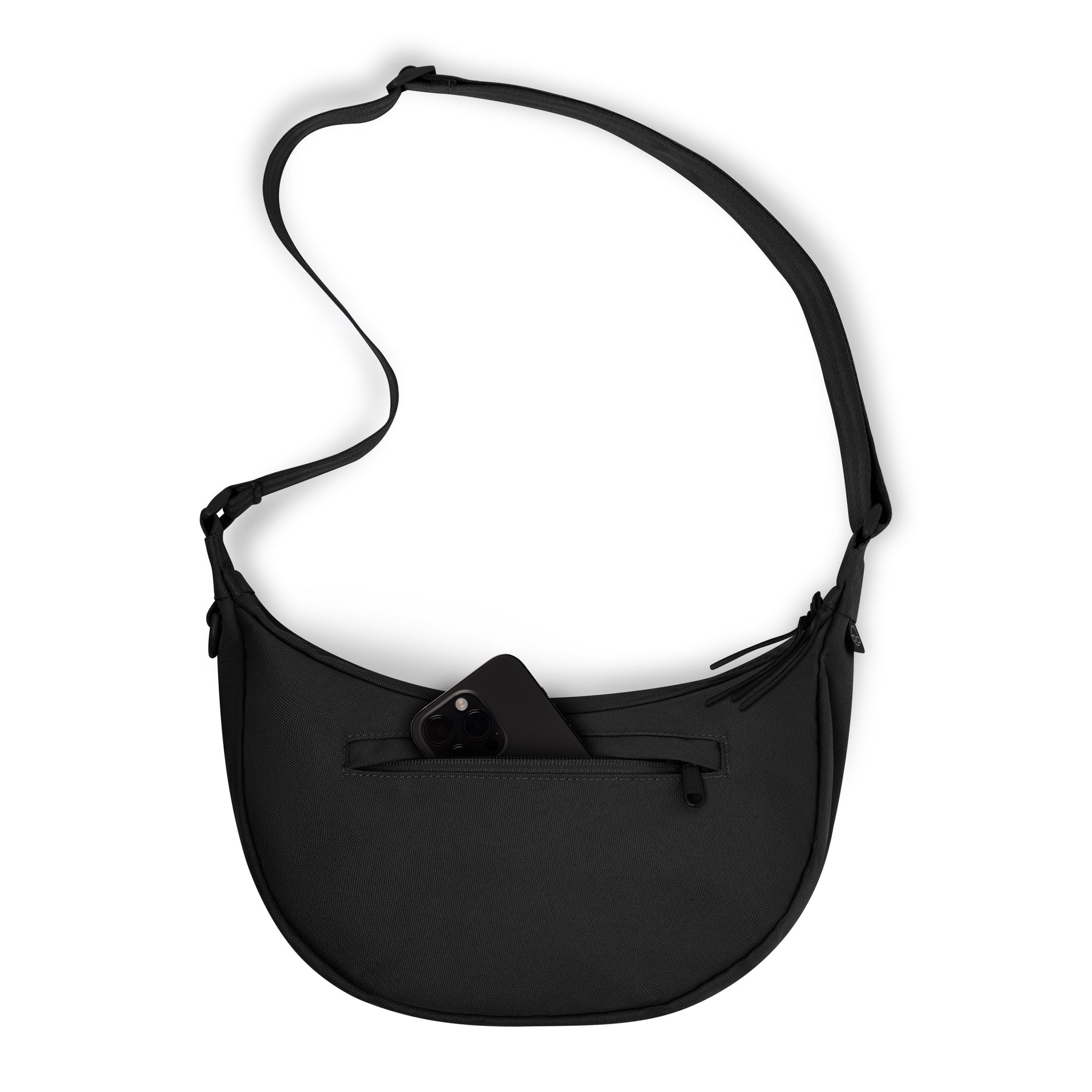 Schwarze Half Moon Bag Ally Medium mit verstellbarem Schultergurt und Vordertasche mit Smartphone