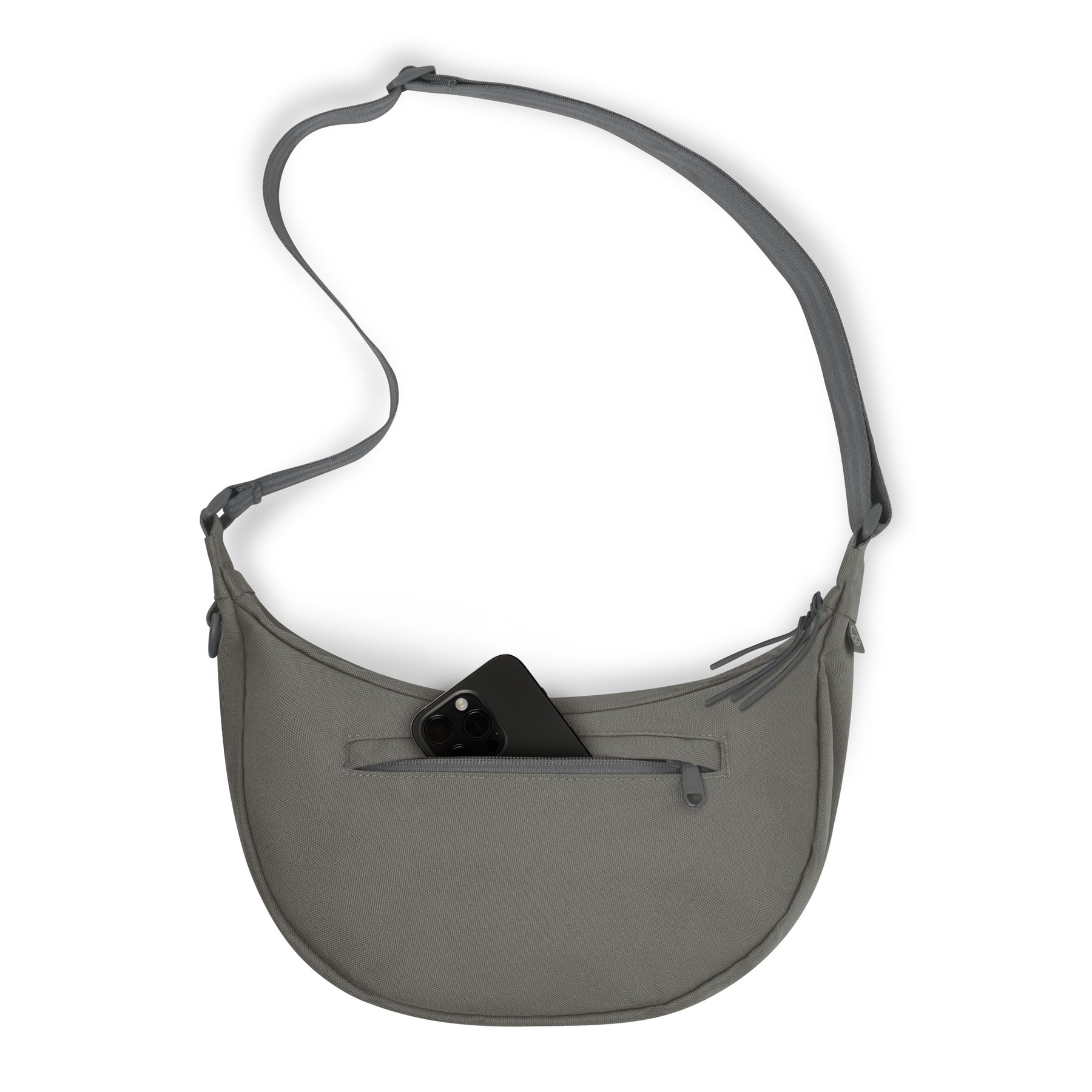 Halbmondtasche Ally Medium in Grau mit verstellbarem Schulterriemen und Fronttasche mit Reißverschluss und Smartphone