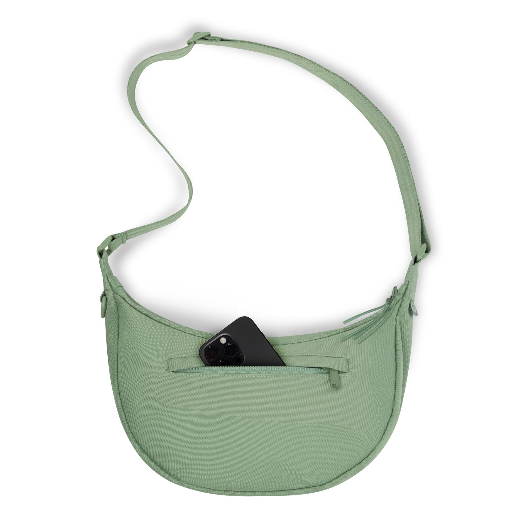 Halbmond Tasche 'Ally Medium' in grün mit verstellbarem Schultergurt und vorderer Reißverschlusstasche mit Telefon