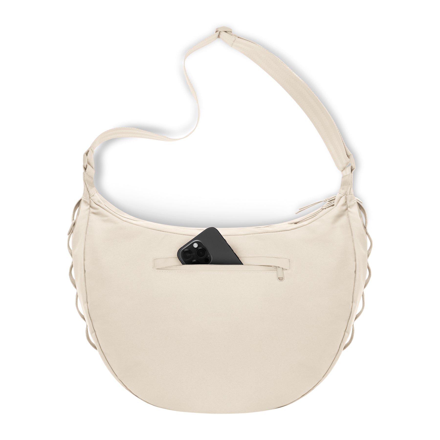 Beige halbmondförmige Tasche 'Ally XL' mit außenliegender Reißverschlusstasche und schwarzem Smartphone