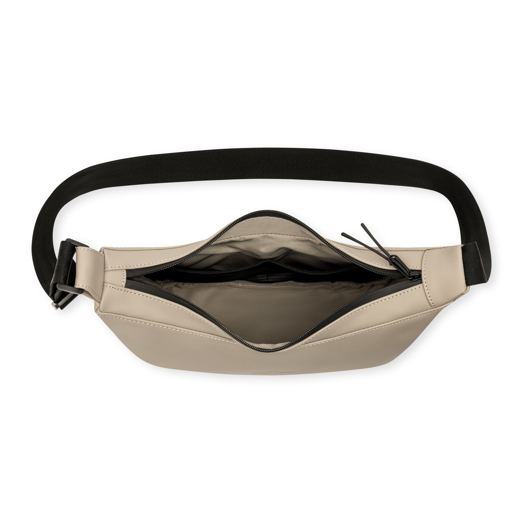 Halbmondtasche "Rory" in Beigeton mit schwarzem verstellbarem Gurt, geöffnet und Innenfächer sichtbar