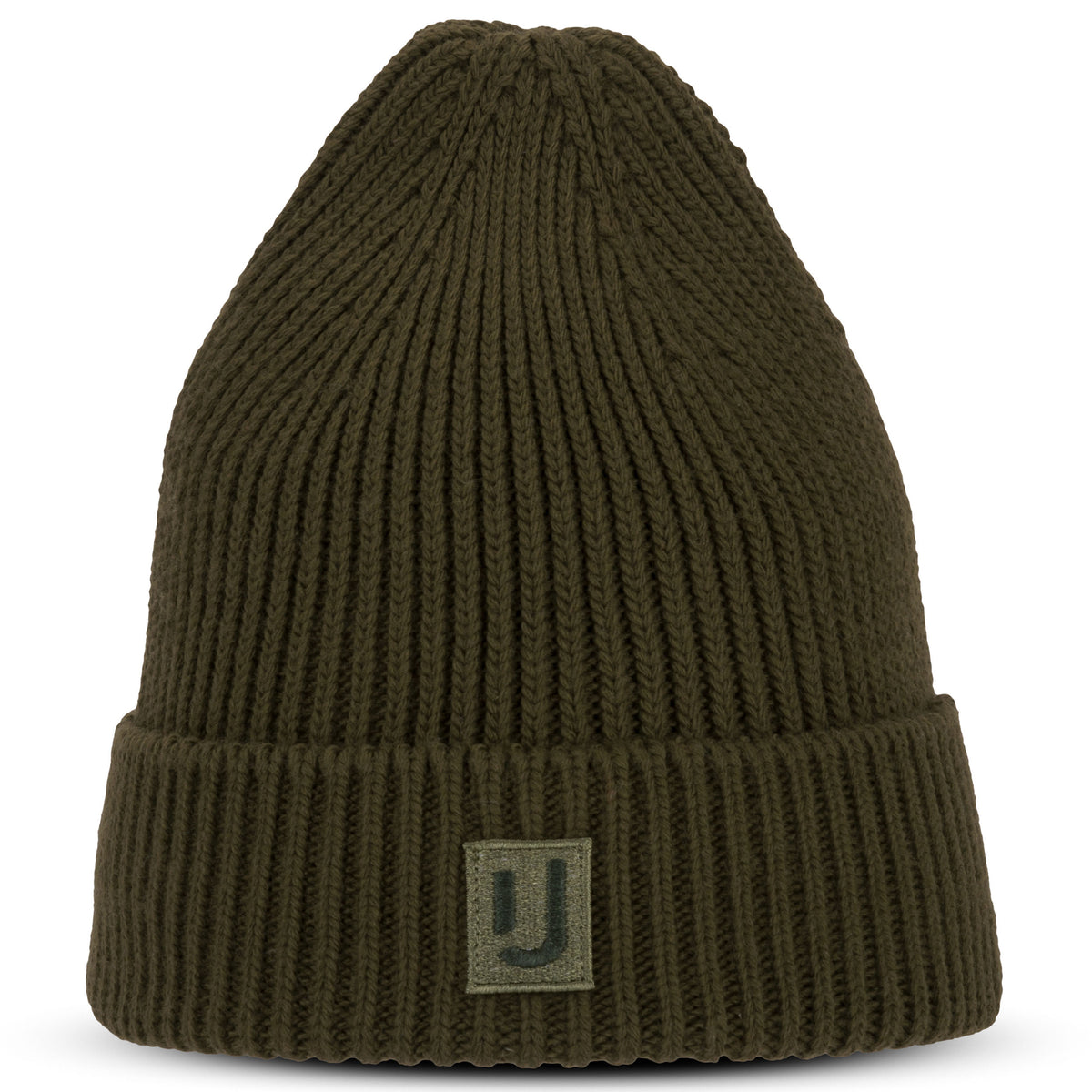 Dunkelgrüne, grob gestrickte Beanie-Mütze 'Billie' von Johnny Urban mit aufgenähtem Logoetikett