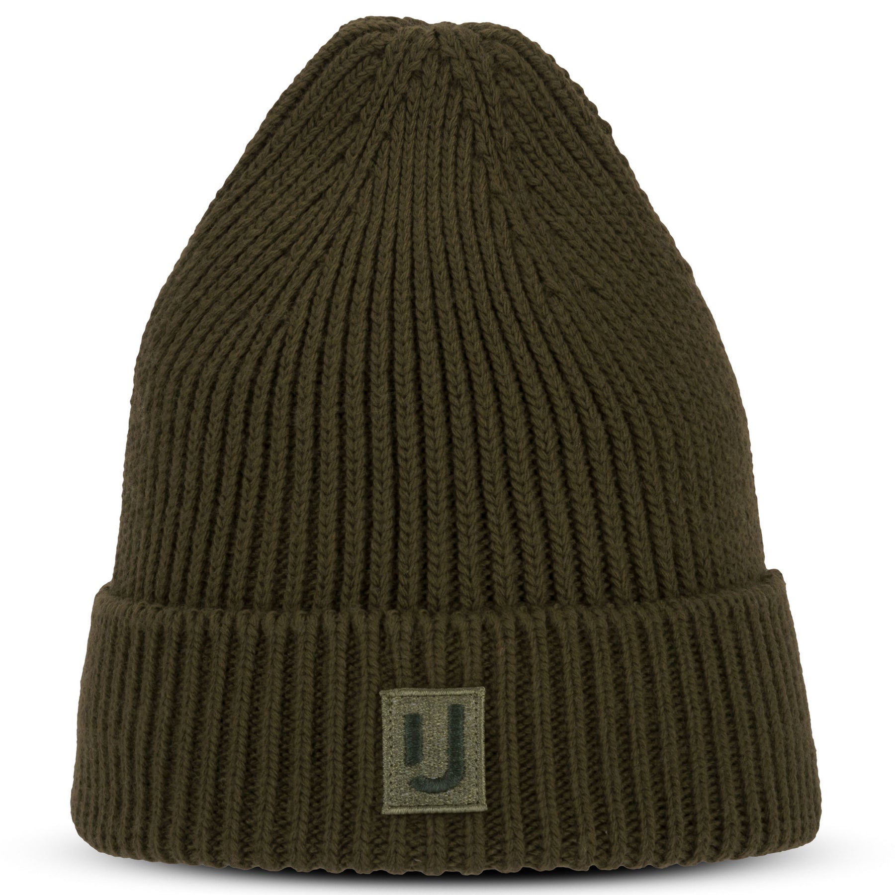 Dunkelgrüne, grob gestrickte Beanie-Mütze 'Billie' von Johnny Urban mit aufgenähtem Logoetikett