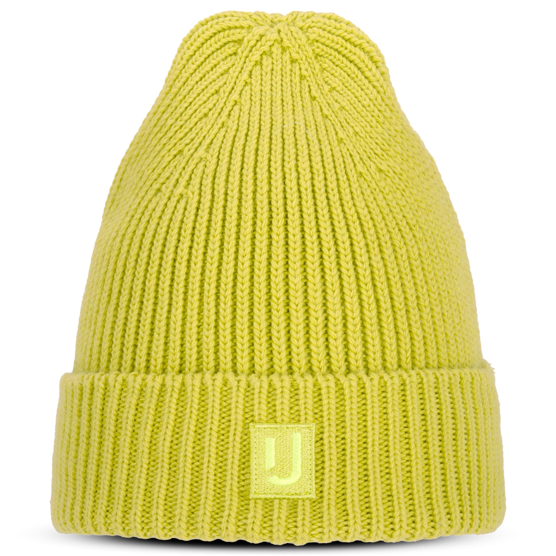 Gestrickte limefarbene Beanie-Mütze 'Billie' von Johnny Urban mit gefaltetem Saum und gewebtem Logo