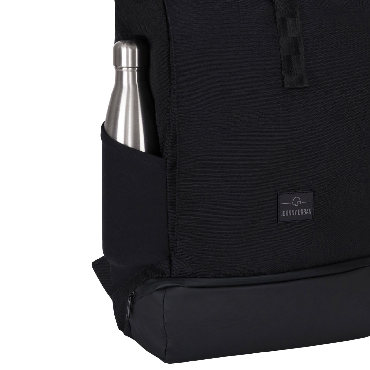 Schwarzer Johnny Urban Rolltop Rucksack 'Allen Large' mit seitlicher Tasche und silberner Trinkflasche