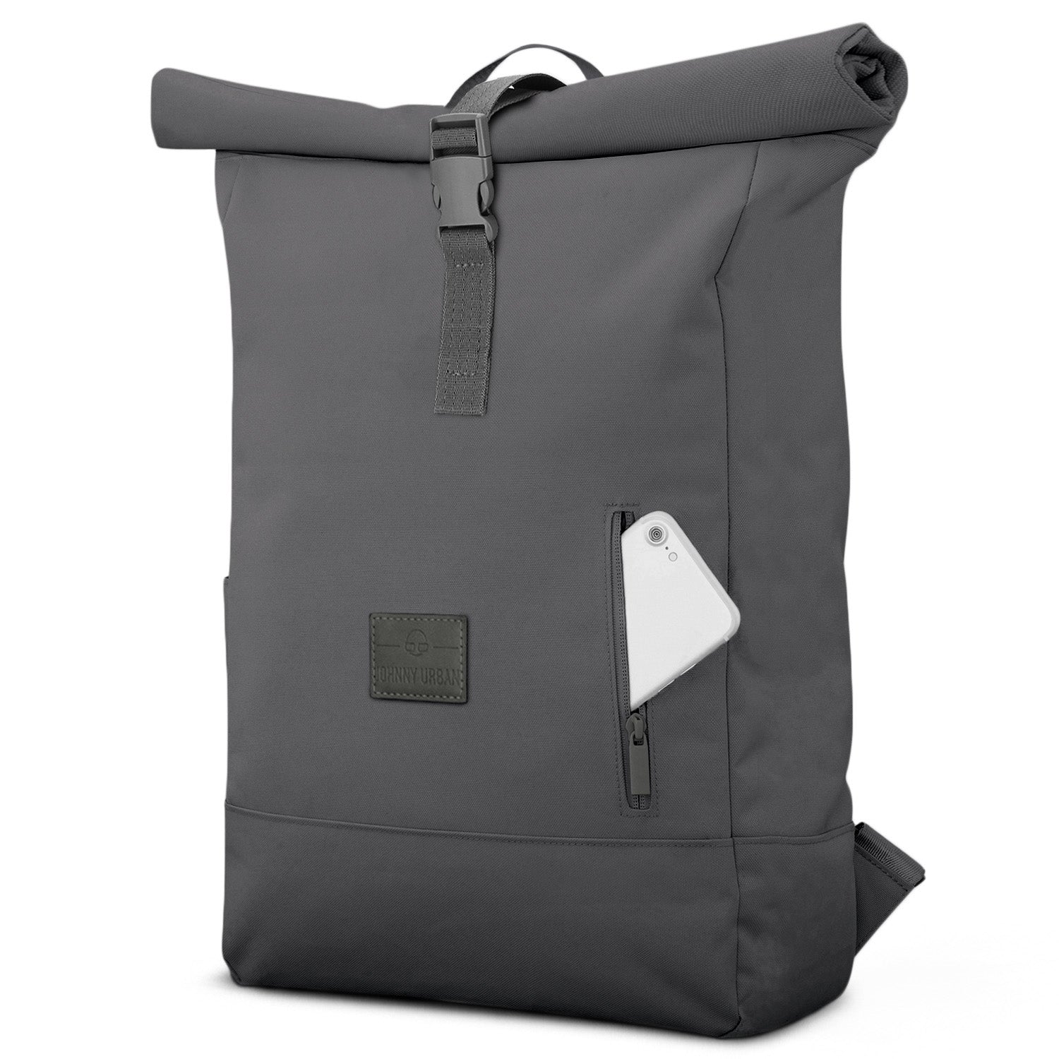 Dunkelgrauer nachhaltiger Rolltop Rucksack 'Robin Large' mit Reißverschlusstasche und Handy