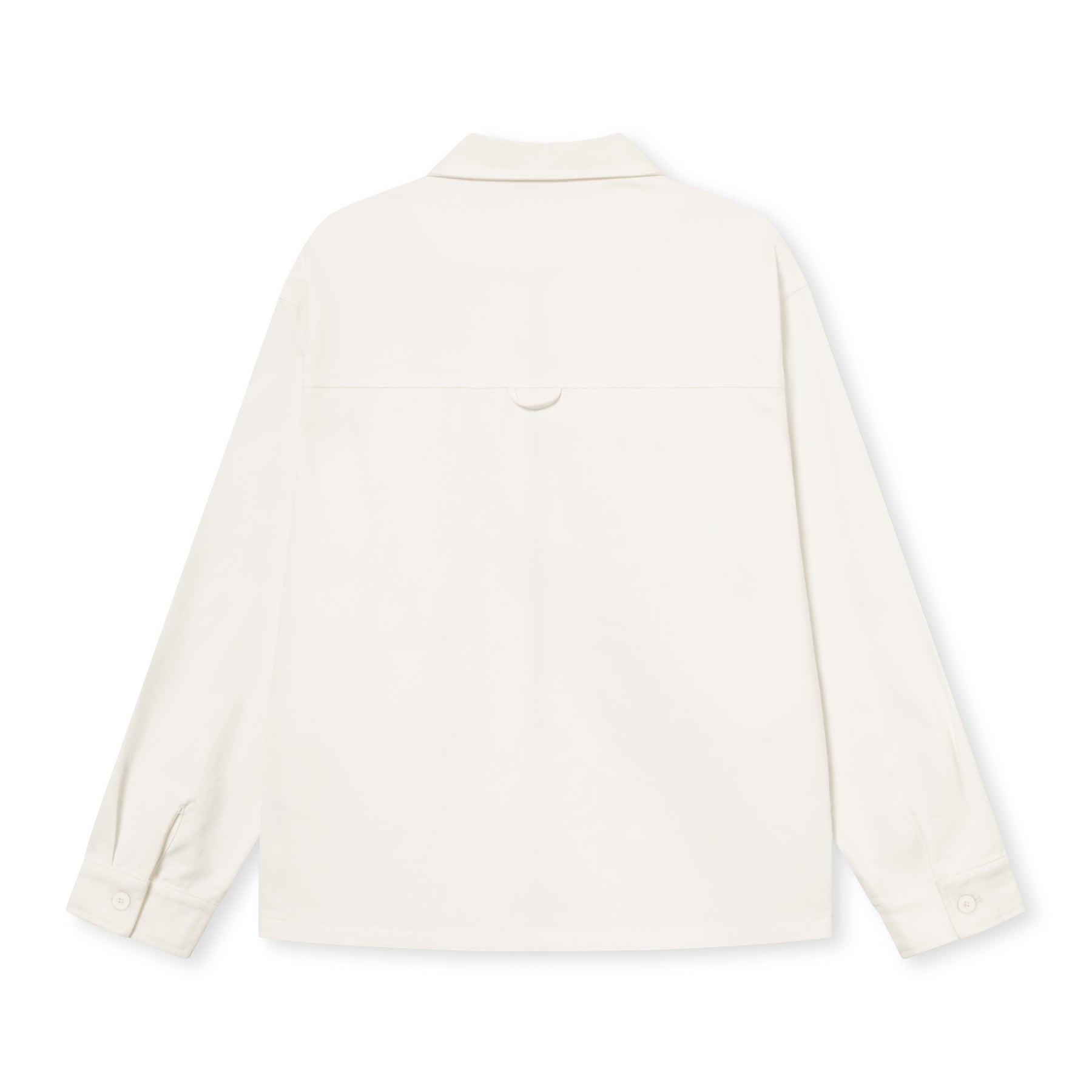 Rückansicht des cremefarbenen Overshirts 'Cameron' mit langem Arm, Kragen und Knopfmanschetten