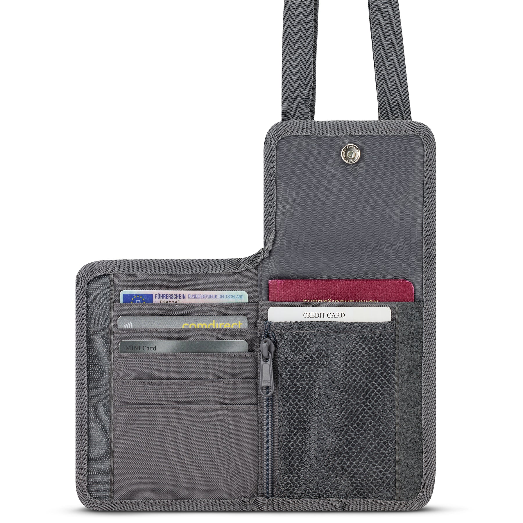 Portemonnaie 'Troy' zum Umhängen, offen mit Münzfach und Fächern für Ausweis, Karten und Reisepass