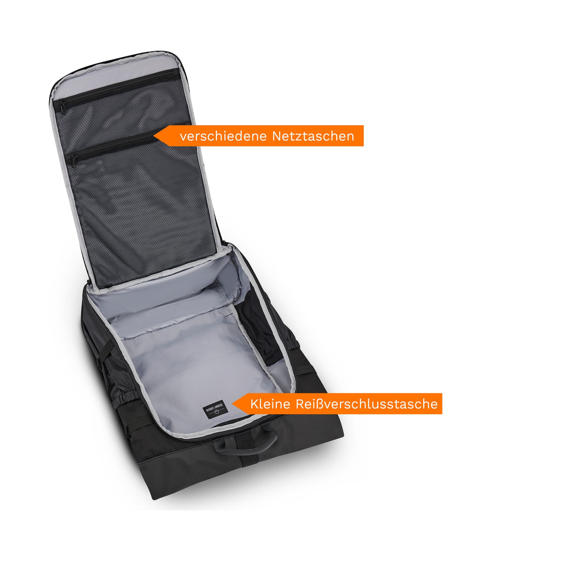 Offener schwarzer Reiserucksack 'Allen Large Travel' mit verschiedenen Netztaschen und kleiner Reißverschlusstasche innen