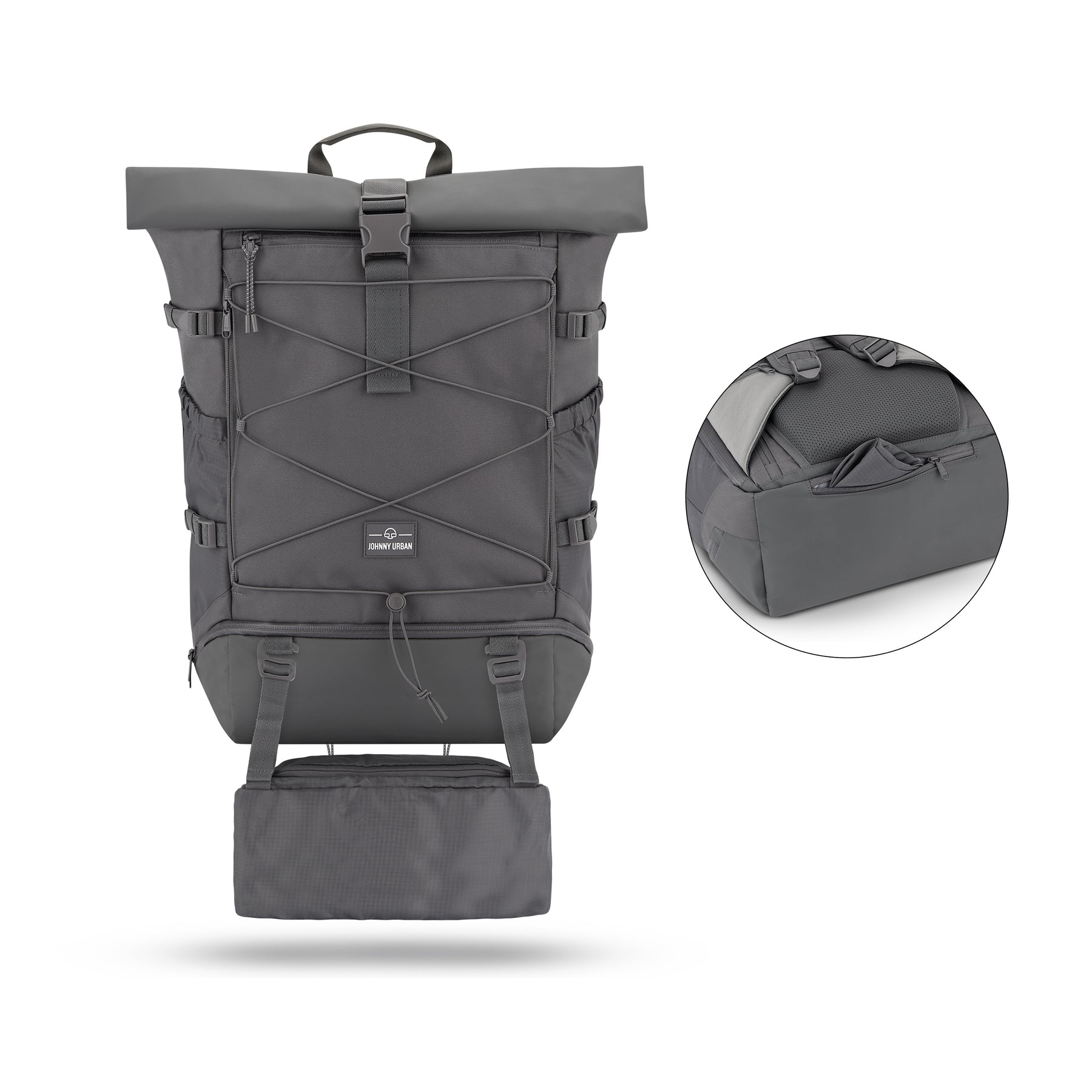 Grauer Reiserucksack Johnny Urban 'Allen Large Travel' mit zusätzlichem 8-Liter-Fach und elastischem Frontband