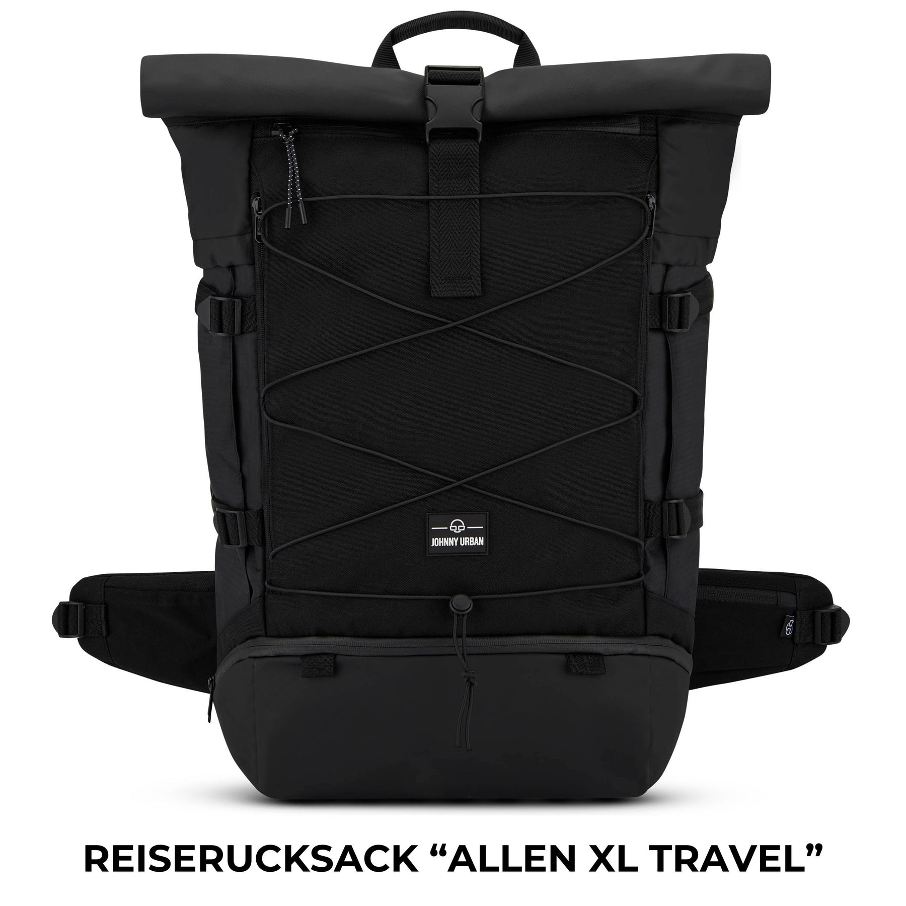 Schwarzer Johnny Urban Reiserucksack Allen XL Travel mit Rolltop, Frontfach und Kompressionsschnüren