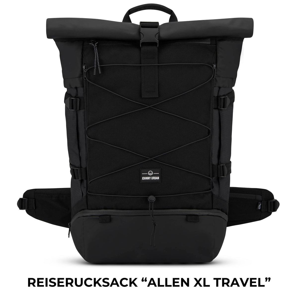 Schwarzer Johnny Urban Reiserucksack Allen XL mit Rolltop, Frontbändern und Hüftgurt