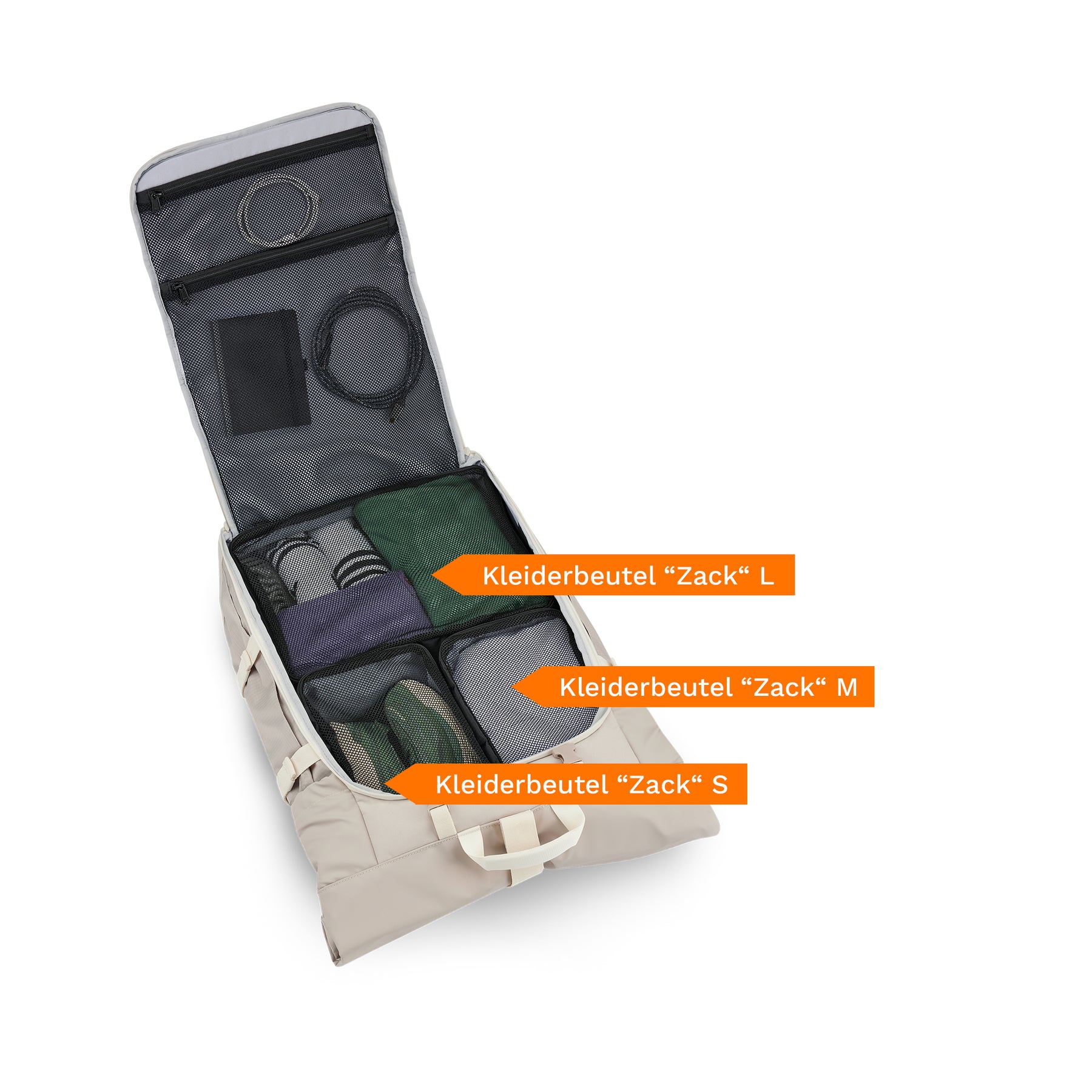 Beiger Johnny Urban Reiserucksack Allen XL Travel mit geöffnetem Deckel und drei farbigen Kleiderbeuteln 'Zack' in den Größen L, M und S