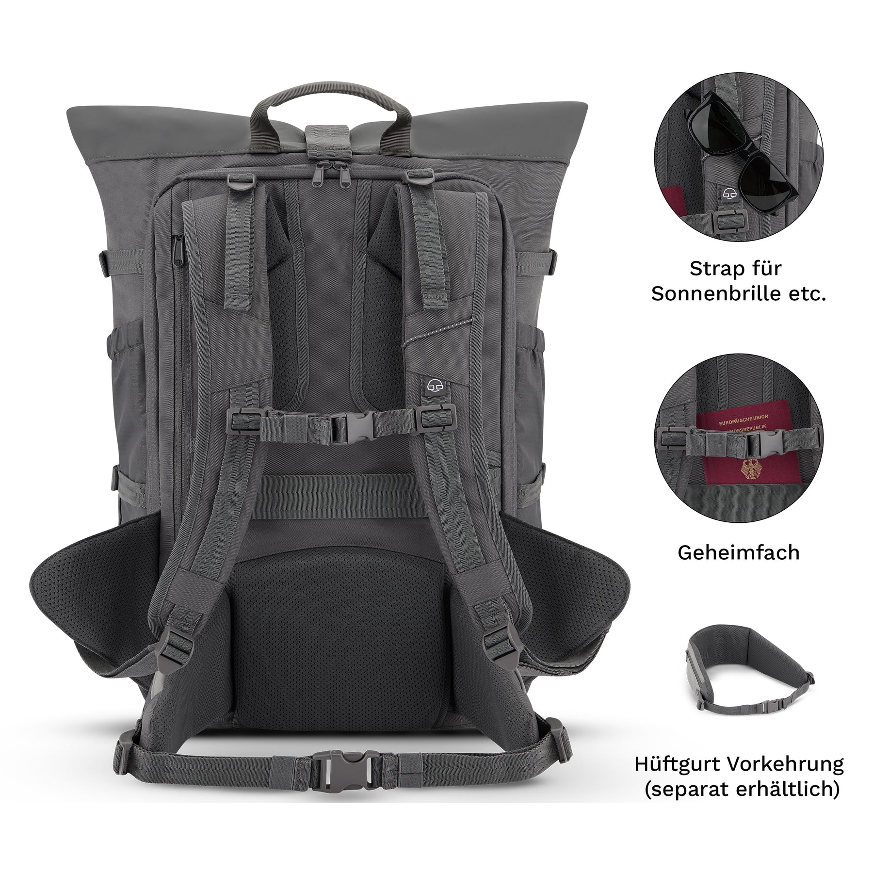 Rückansicht des grauen Reiserucksacks 'Allen Large Travel' mit gepolsterten Schultergurten, Sonnenbrillenhalter, Geheimfach und separatem Hüftgurt