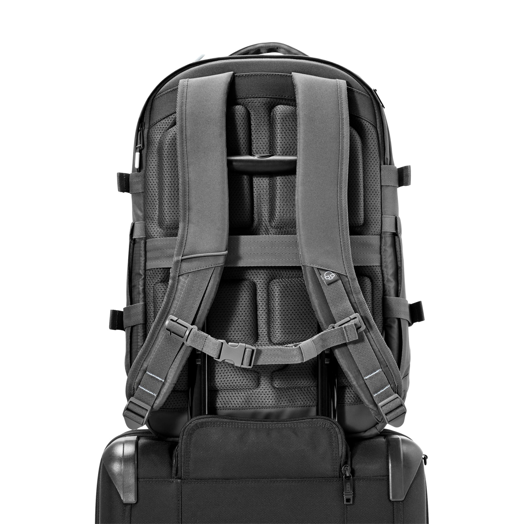 Rucksack 'Jack' von Johnny Urban in Dunkelgrau mit gepolstertem Rücken und verstellbaren Schultergurten auf Rollkoffer montiert