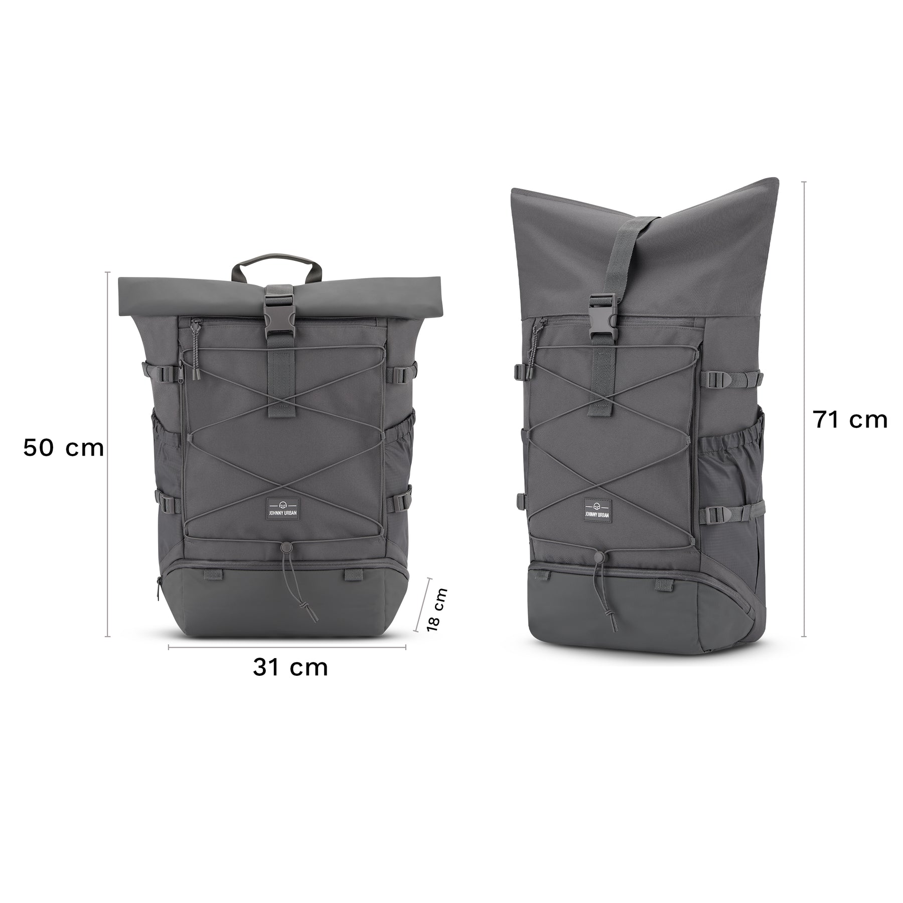 Großer grauer Johnny Urban Reiserucksack 'Allen Large Travel' mit Rolltop, Gurten und Frontgummizug, Maße 50x31x18 cm und 71 cm Höhe variabel