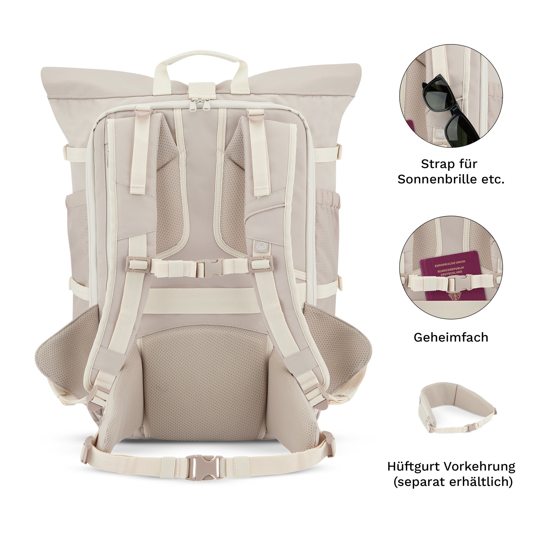 Beige Reiserucksack 'Allen Large Travel' von Johnny Urban mit gepolsterten Trägern, Geheimfach und separatem Hüftgurt