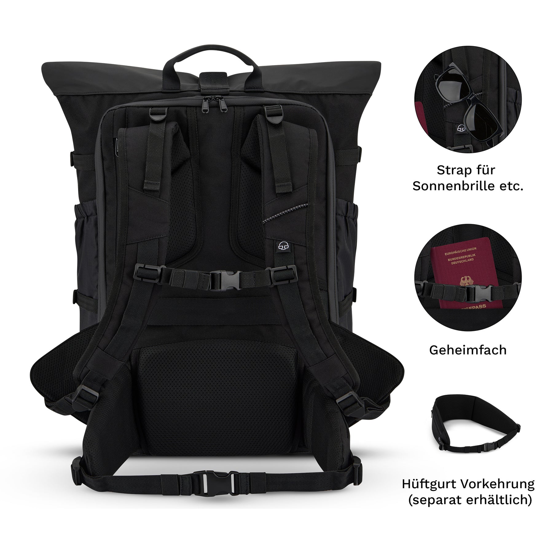 Schwarzer Reiserucksack 'Allen Large Travel' von Johnny Urban mit gepolsterten Schulter- und Hüftgurten, verstecktem Fach und Brillenhalterung.