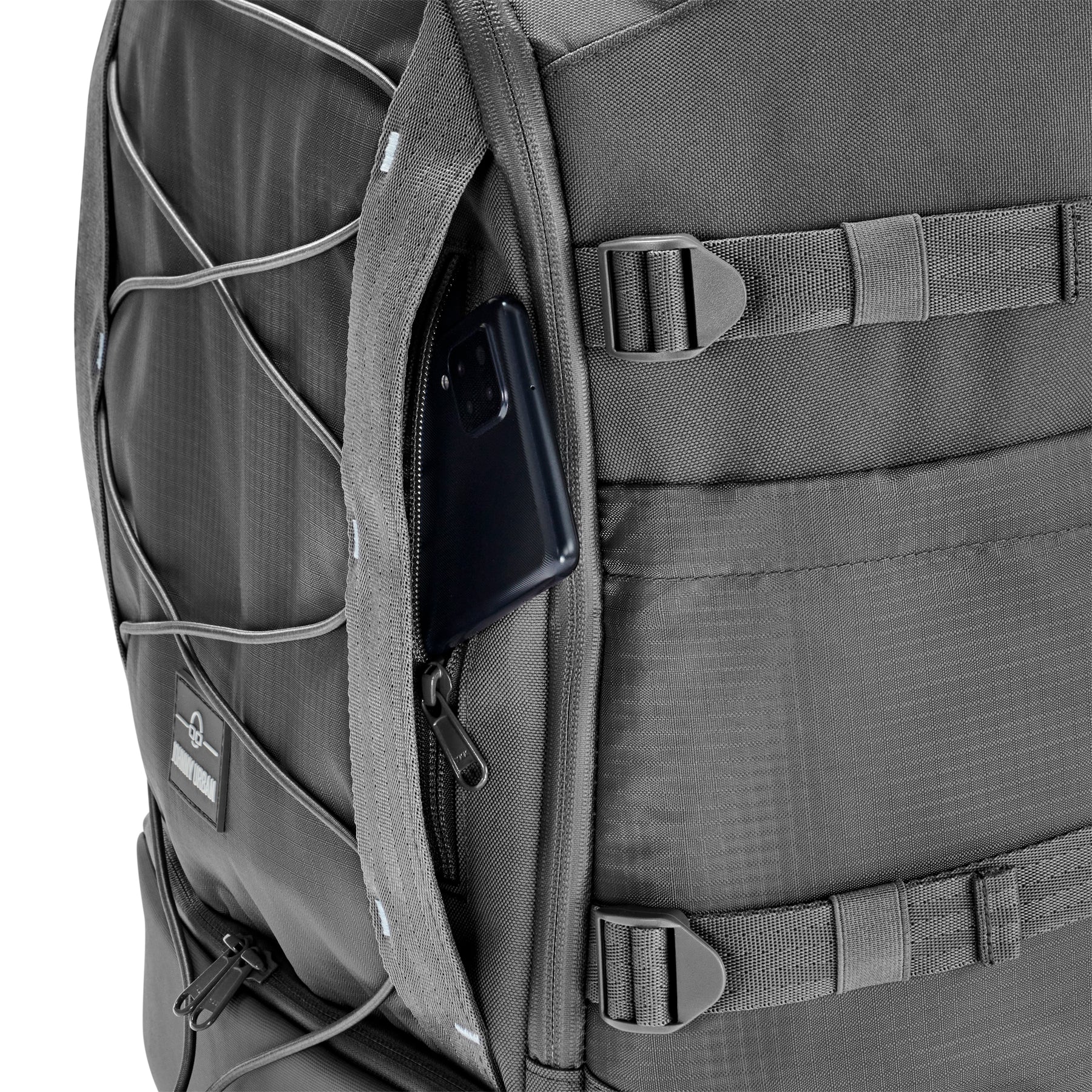 Dunkelgrauer Reiserucksack 'Jack' mit elastischem Spanngurt und seitlicher Reißverschlusstasche mit Smartphone