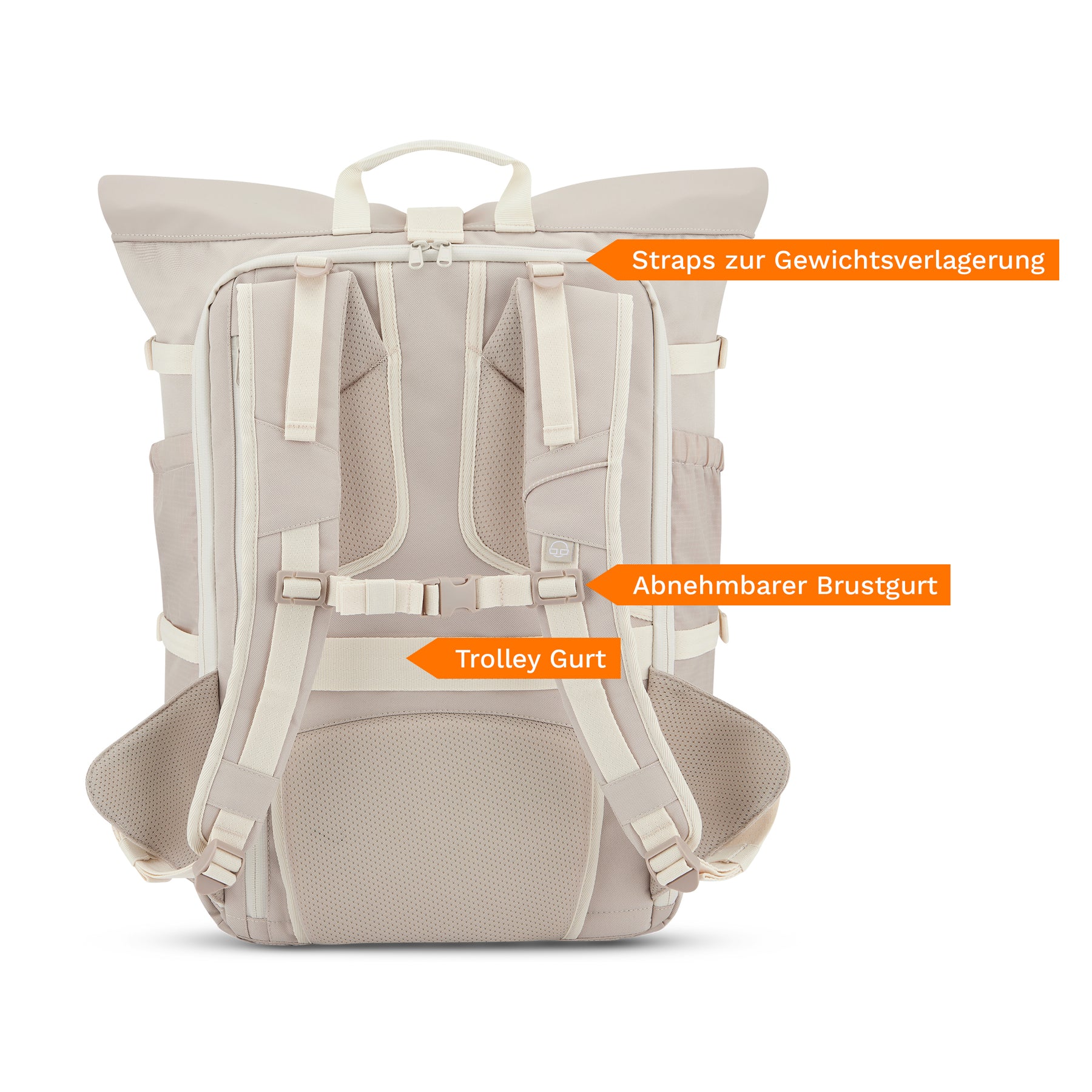 Beiger ergonomischer Reiserucksack 'Allen Large Travel' von Johnny Urban mit gepolsterten Trägern, abnehmbarem Brustgurt und Trolley-Gurt