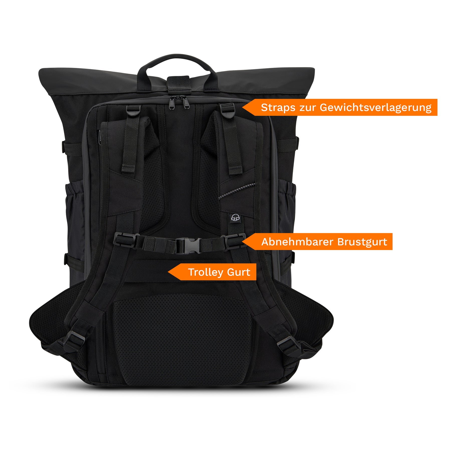 Schwarzer Reiserucksack Allen Large Travel von Johnny Urban mit gepolsterten Trägern, abnehmbarem Brustgurt und Trolley-Gurt