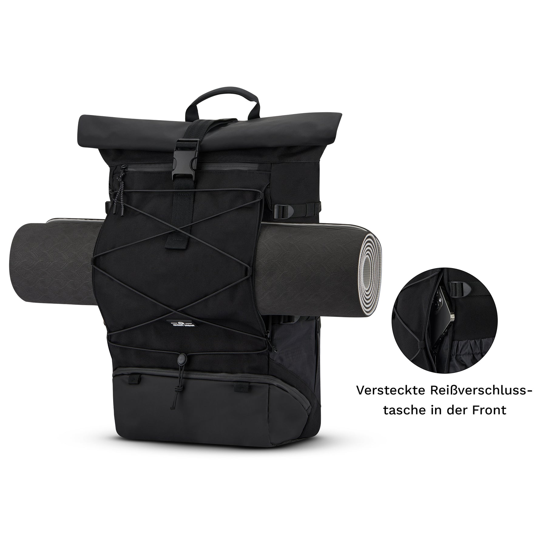 Schwarzer Reiserucksack 'Allen Large Travel' mit aufgerollter Matte und verdeckter Frontreißverschlusstasche
