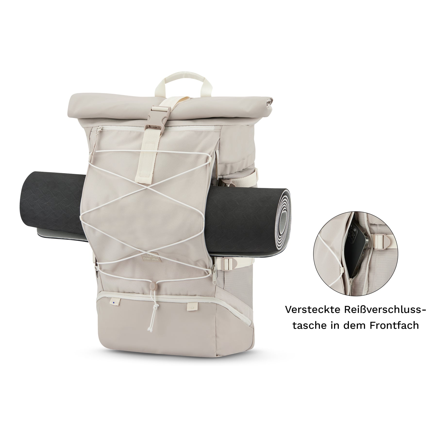 Heller Reiserucksack Allen XL Travel mit aufgerollter Yogamatte an den Seitenriemen und versteckter Reißverschlusstasche im Frontfach