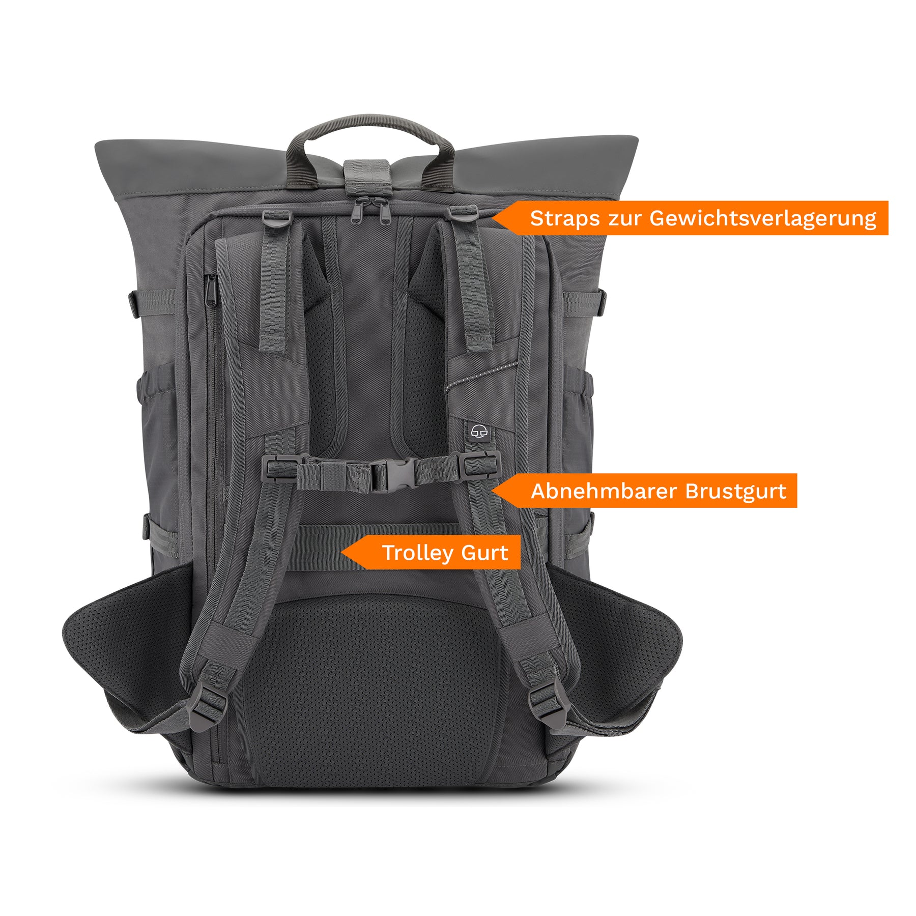 Rückseite des grauen Johnny Urban Reiserucksacks 'Allen Large Travel' mit gepolsterten Schulterriemen, abnehmbarem Brustgurt, Trolley-Gurt und Gewichtsverlagerungsstraps
