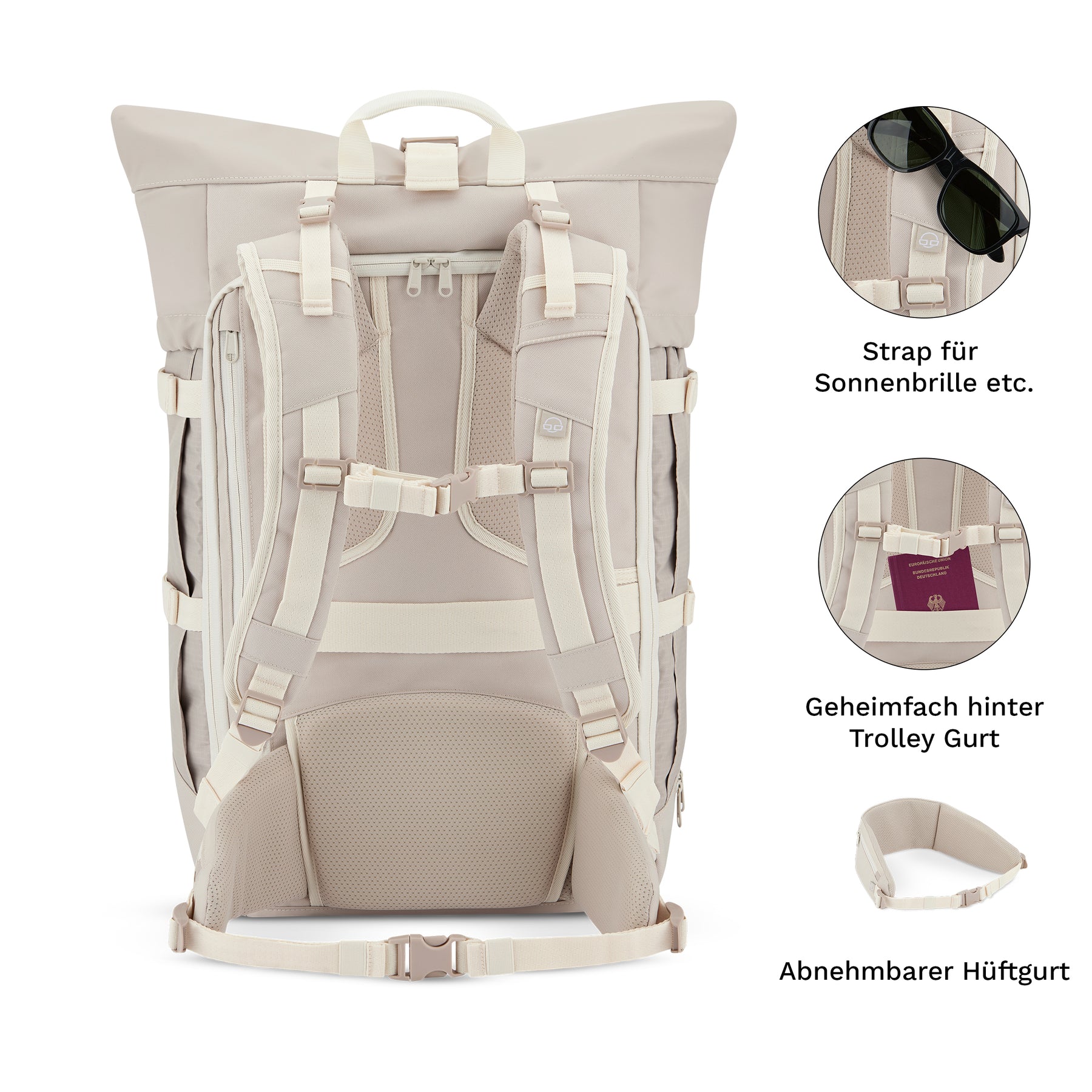 Beiger Damen-Reiserucksack Allen XL Travel mit gepolsterten Rücken- und Schultergurten, Sonnenbrillenhalter, Geheimfach und abnehmbarem Hüftgurt
