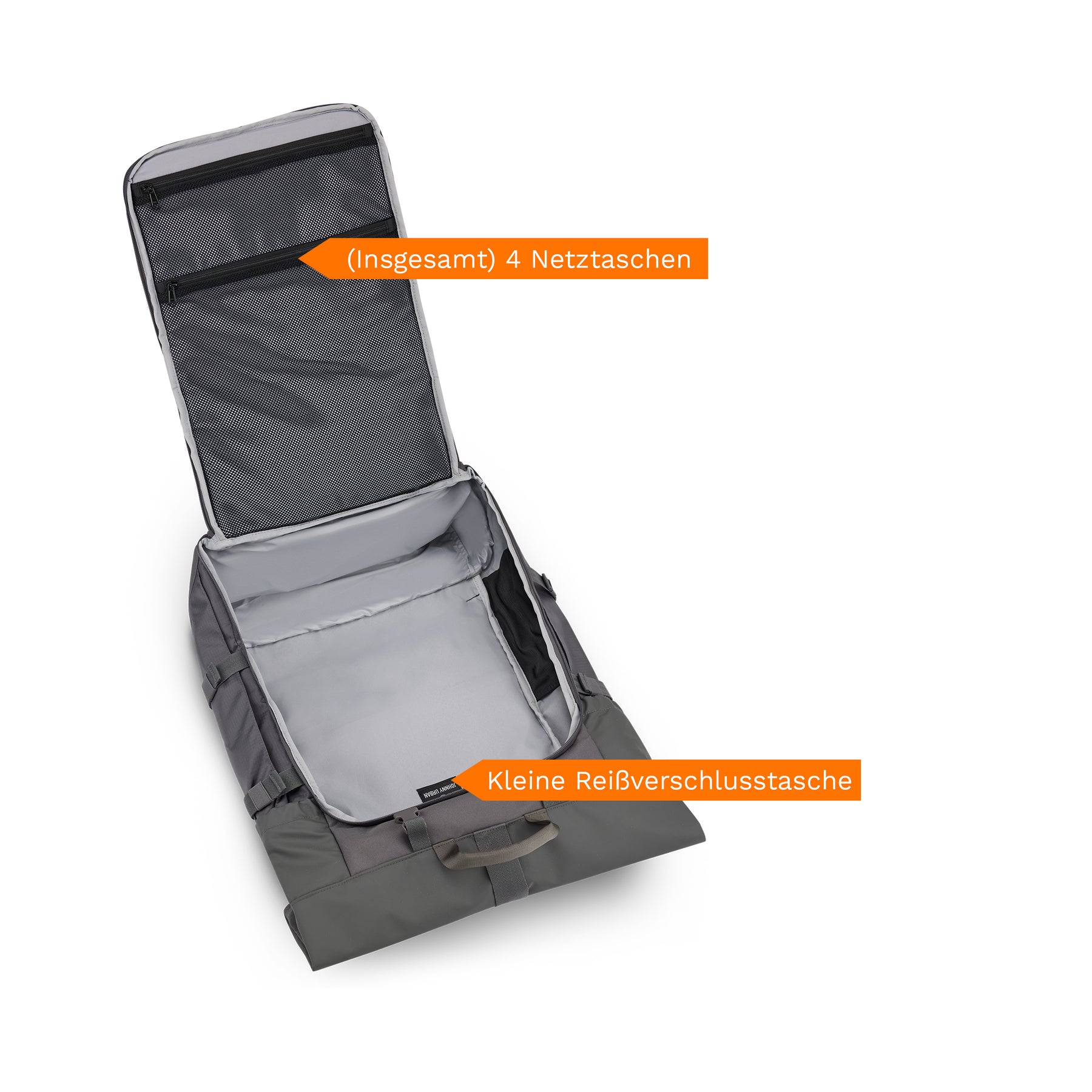 Offener dunkelgrauer Reiserucksack Allen XL Travel mit 4 Netzfächern und einer kleinen Reißverschlusstasche innen