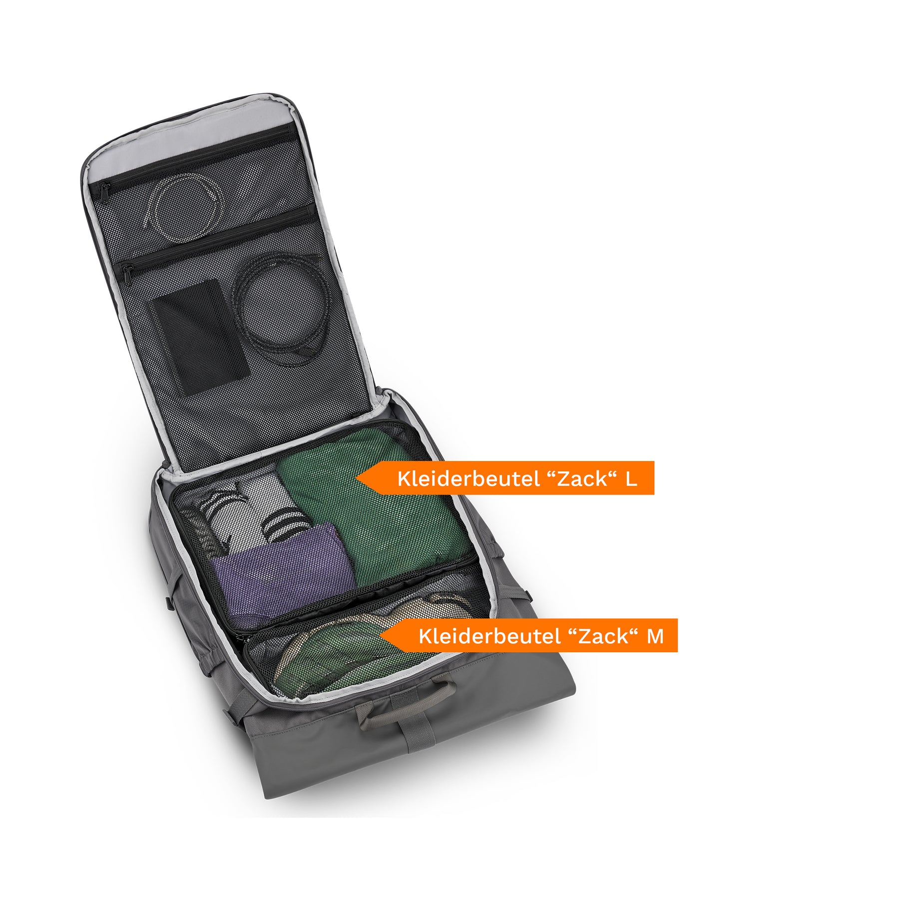 Offener grauer Johnny Urban Reiserucksack 'Allen Large Travel' mit zwei Packbeuteln 'Zack' in Größen L und M