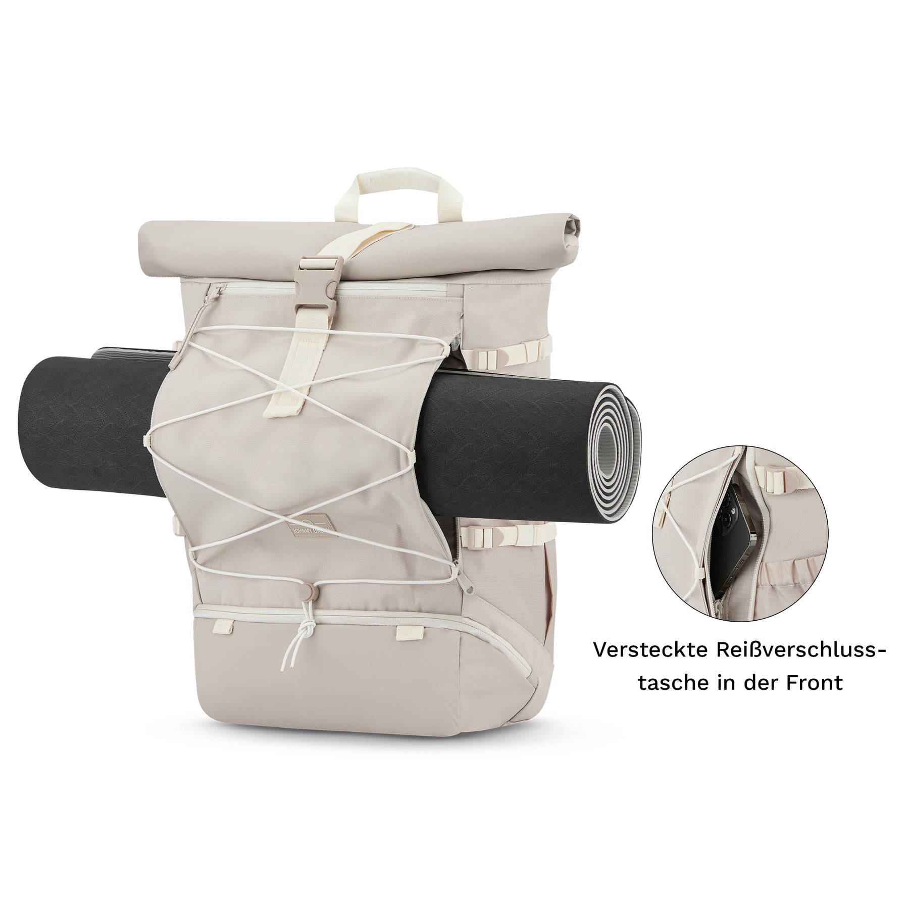 Beiger Johnny Urban Reiserucksack 'Allen Large Travel' mit zusammenrollbarem Schließmechanismus, elastischem Gummizug vorne und befestigter Yogamatte in Schwarz