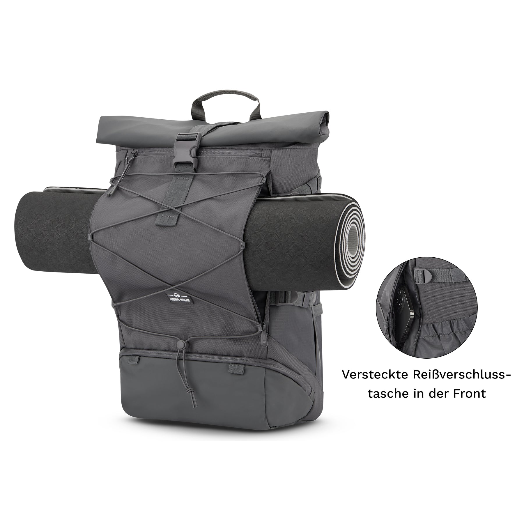 Reiserucksack Allen Large Travel in dunklem Grau mit aufgerollter Matte und versteckter Reißverschlusstasche vorne