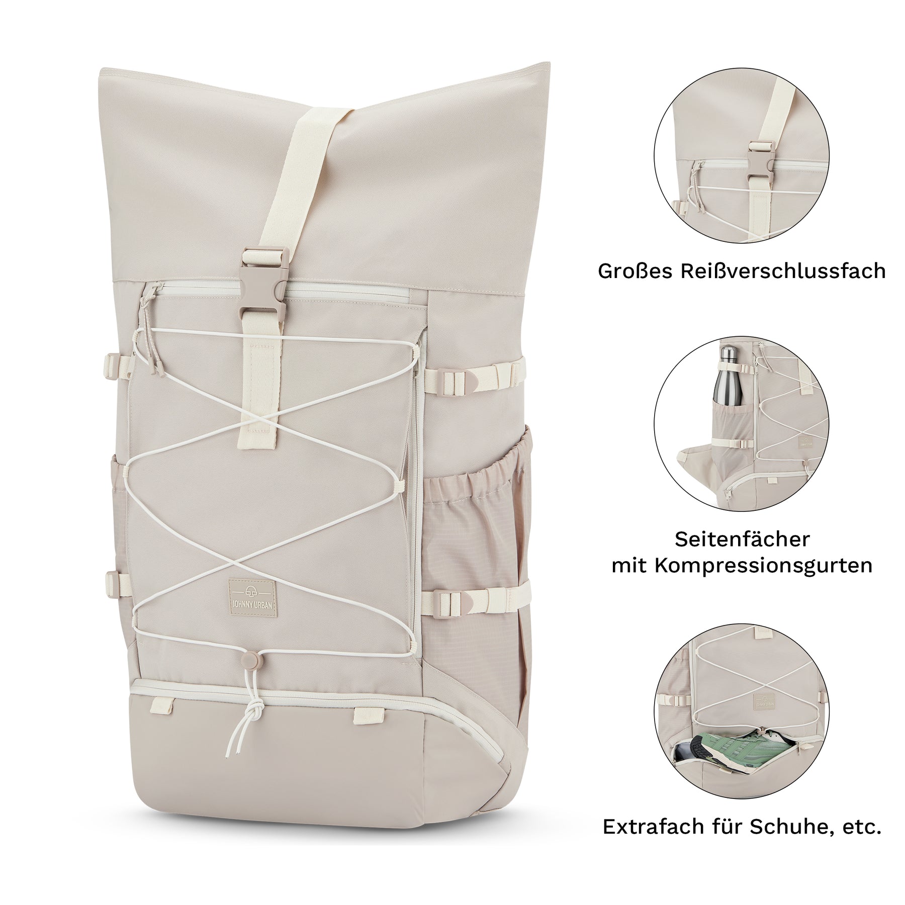 Beiger Johnny Urban Reiserucksack 'Allen Large Travel' mit großem Reißverschlussfach, Seitentaschen mit Kompressionsgurten und Extrafach für Schuhe