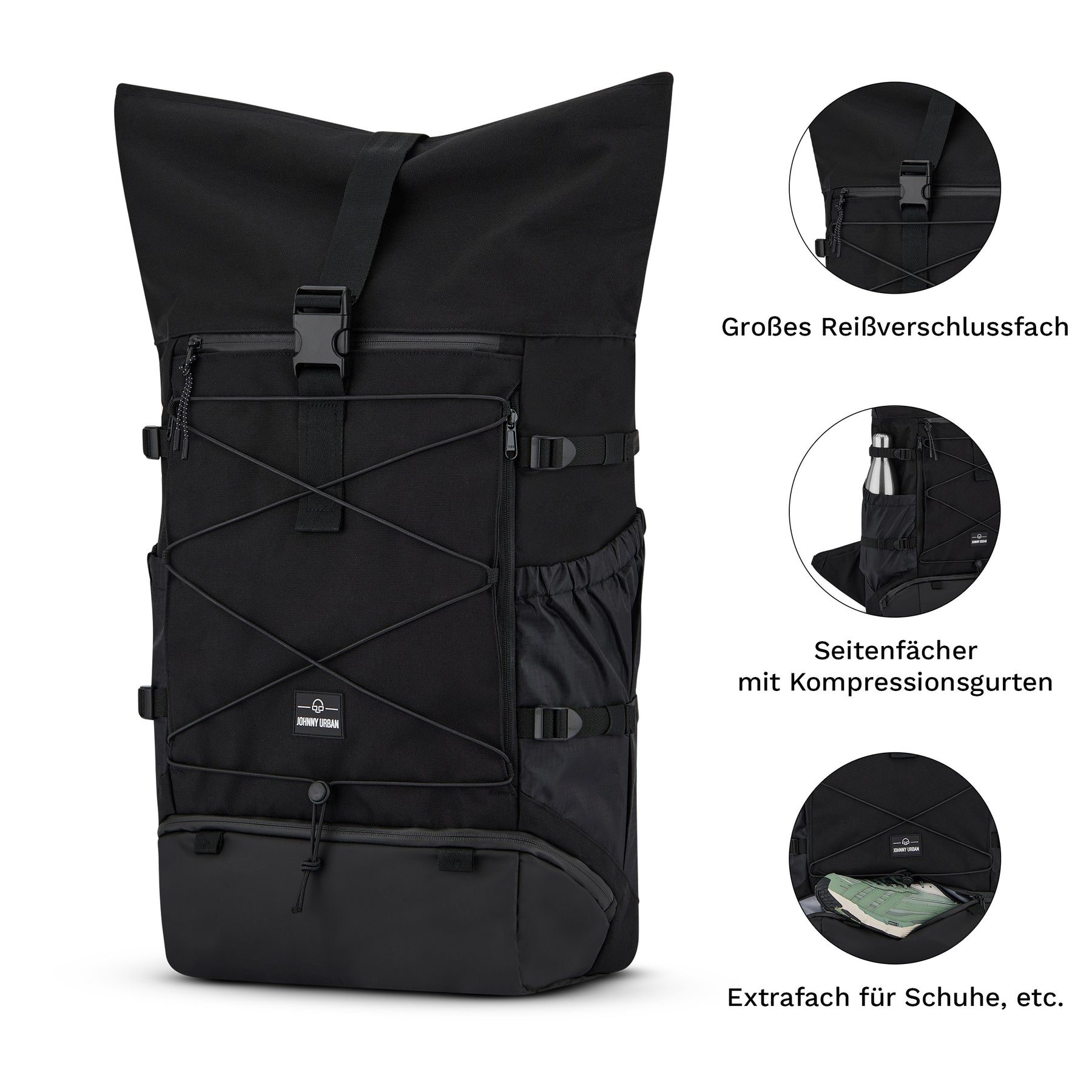Schwarzer Reiserucksack Allen Large Travel mit Reißverschlussfach oben, Seitenfach mit Kompressionsgurten und extra Fach für Schuhe