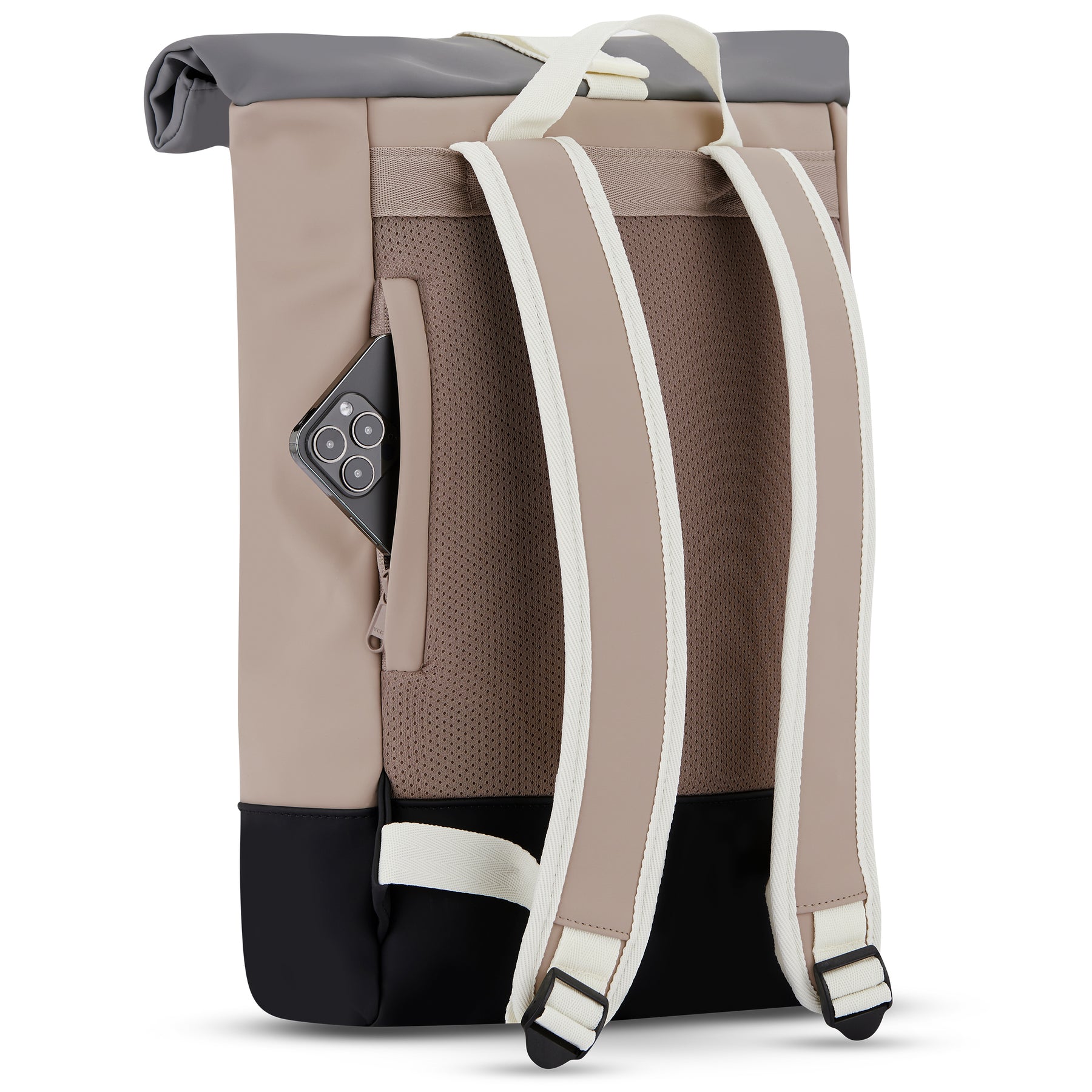 Rolltop Rucksack Harvey Medium in Beige mit grauem Rollverschluss, mit gepolsterten beigen und weißen Schulterriemen und versteckter Reißverschlusstasche mit Smartphone