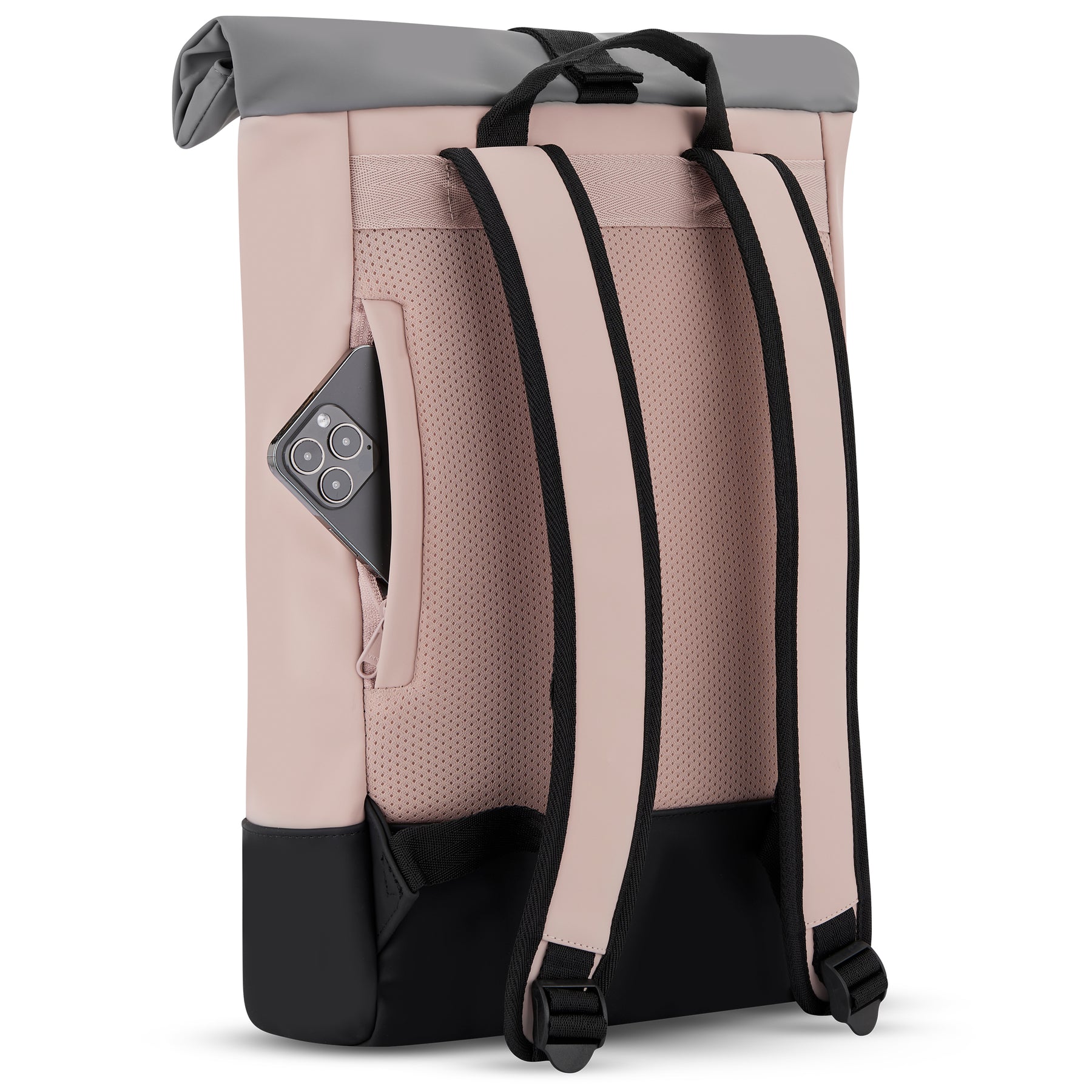 Rolltop Rucksack Harvey Medium in rosa, grau und schwarz, mit gepolsterten Trägern und seitlicher Tasche mit Smartphone