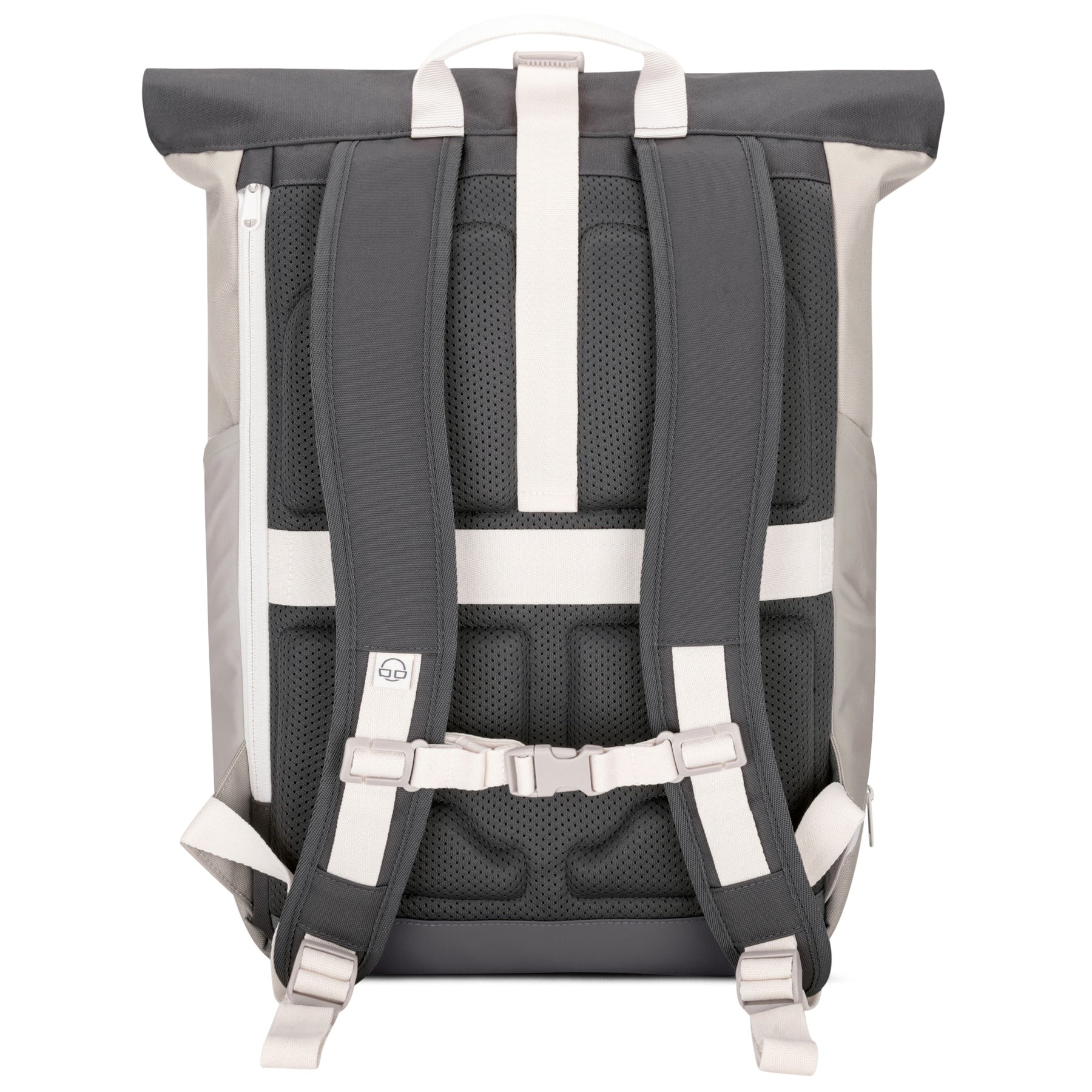 Rückansicht des Rolltop Rucksacks 'Allen Large' mit gepolsterten, grau-beigen Trägern und Rückenpolsterung