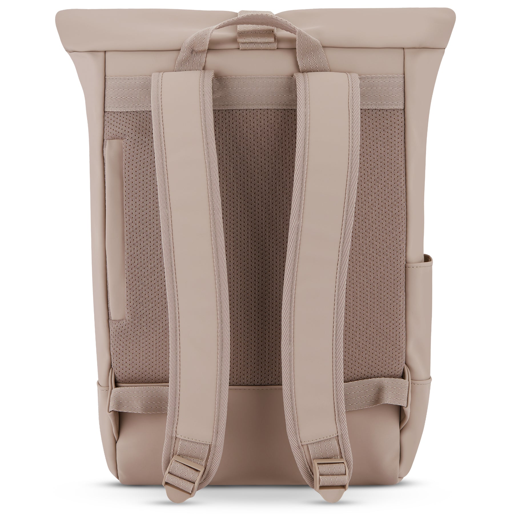 Rückseite des beigen Rolltop-Rucksacks ‚Harvey Medium‘ mit gepolsterten Schultergurten und atmungsaktivem Rückenpolster