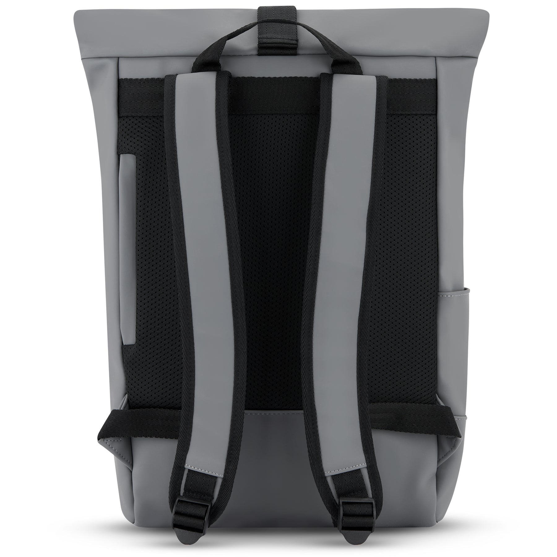 Rückseite des Johnny Urban Rolltop Rucksacks 'Harvey Medium' in Grau-Schwarz mit gepolsterten, verstellbaren Trägern und gepolstertem Rückenbereich