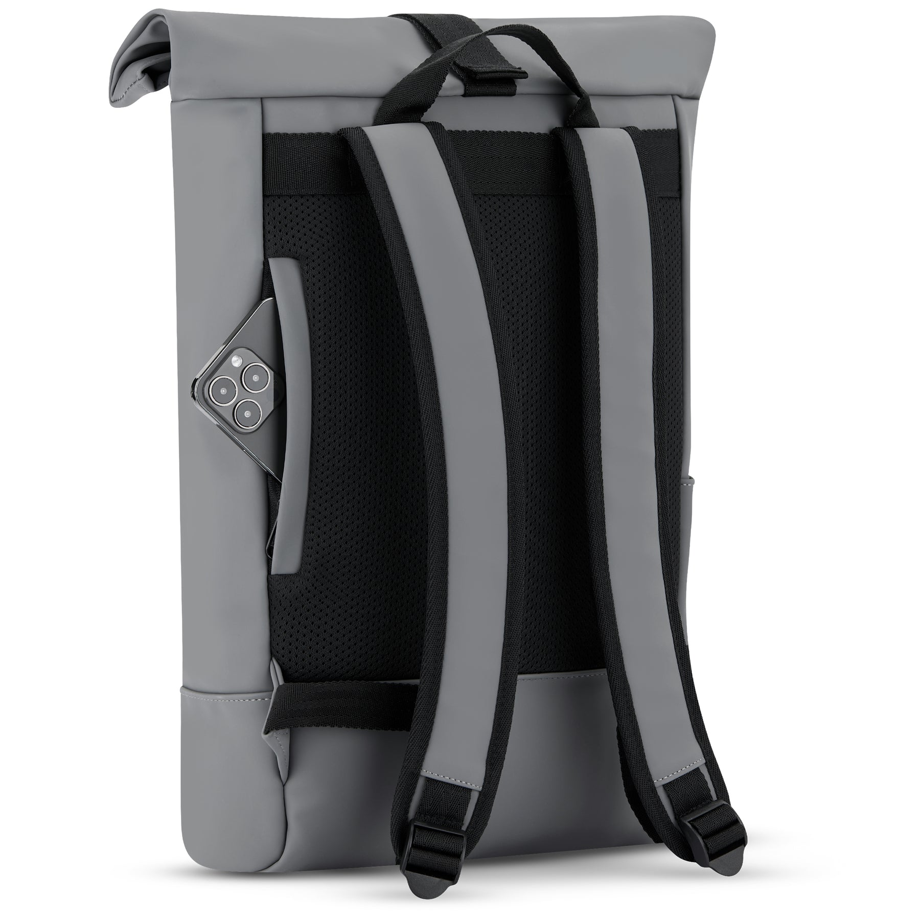 Rolltop Rucksack Harvey Medium in modernem Grau mit schwarzem Rückenpolster und Schultergurten, seitliche Tasche mit Smartphone