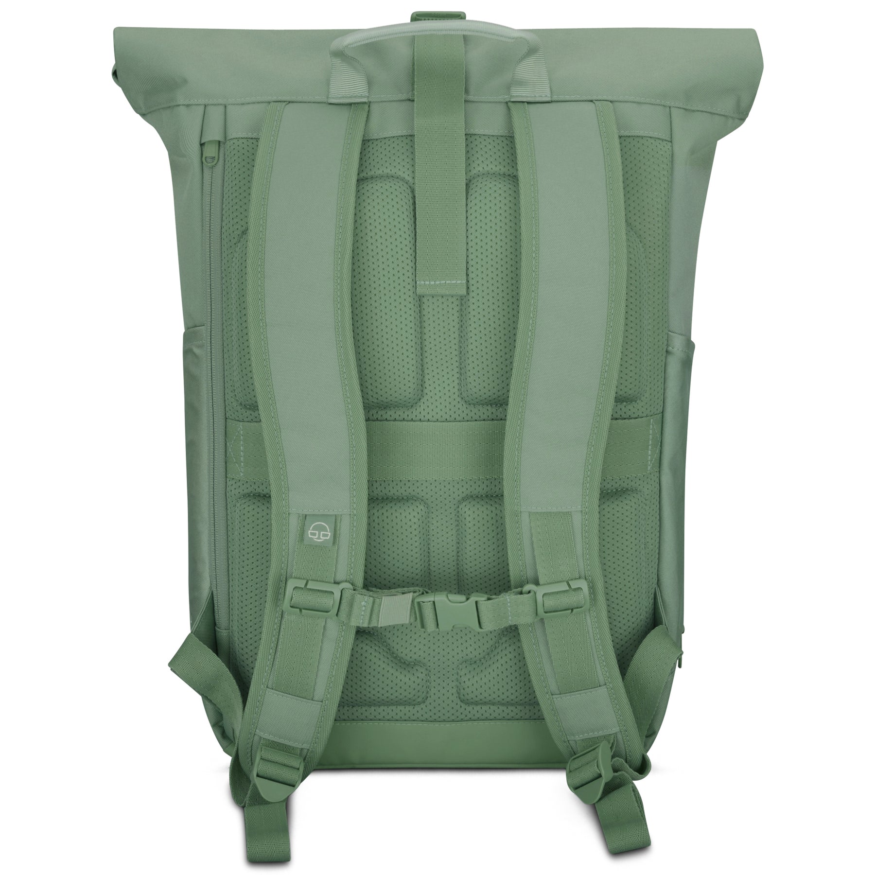 Rolltop Rucksack Allen Large in grün, Rückseite mit gepolsterten Schultergurten und Rückenpanel